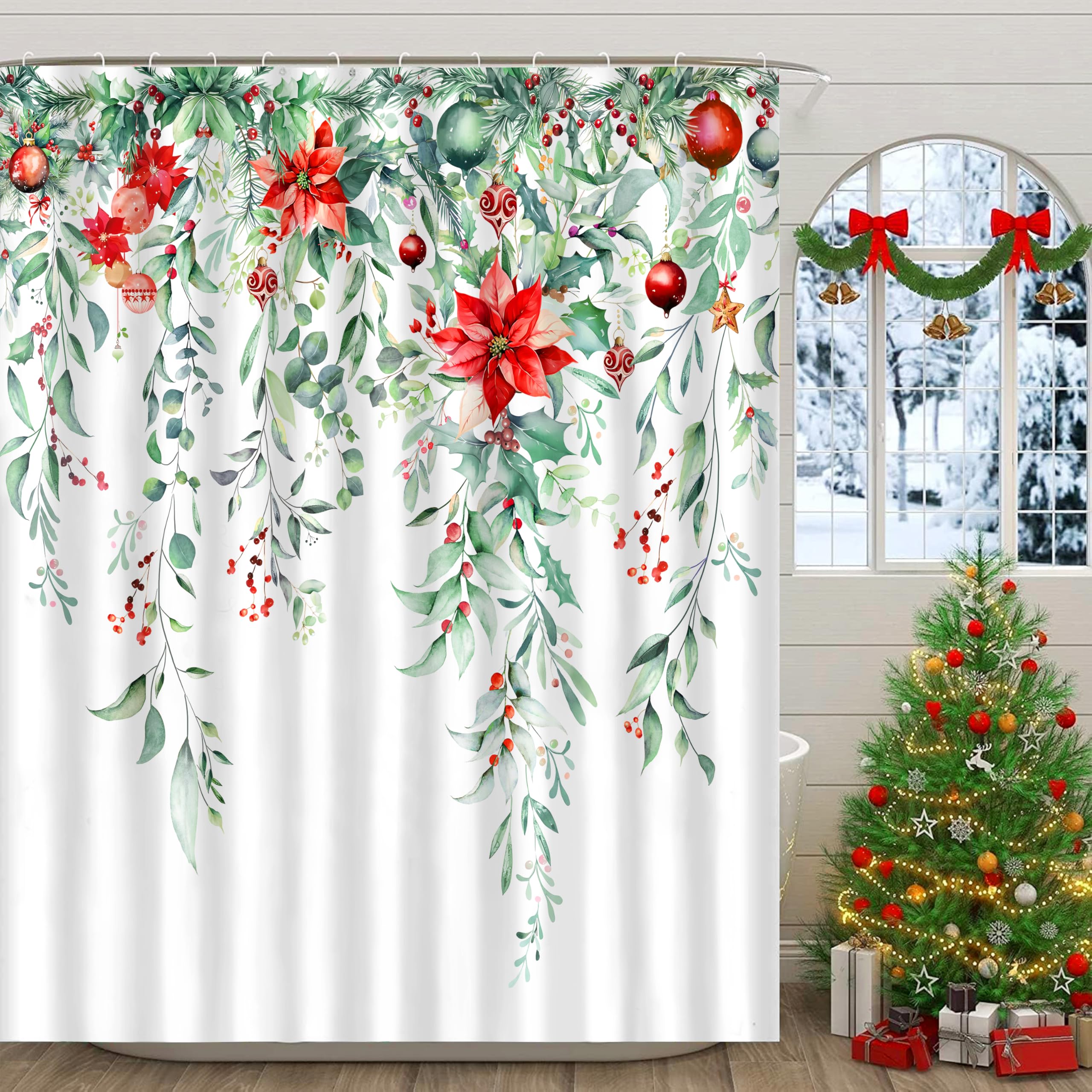 Miffrank Christmas Shower Curtain Set Xmas Holly Shower Curtains Waterproof Fabric Bath Curtains with 12 Hooks for Winter Christmas Holiday Home