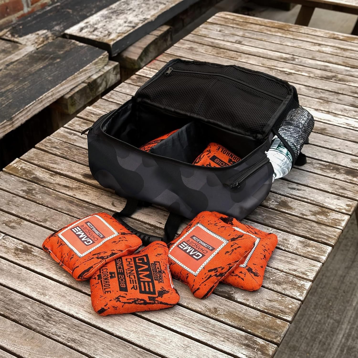 Cornhole Backpack Camo with Cooler Compartment, Holds up to 3-4 Sets (12-16 Bags), Bottle Opener, Cooler Holds up to 12 cans