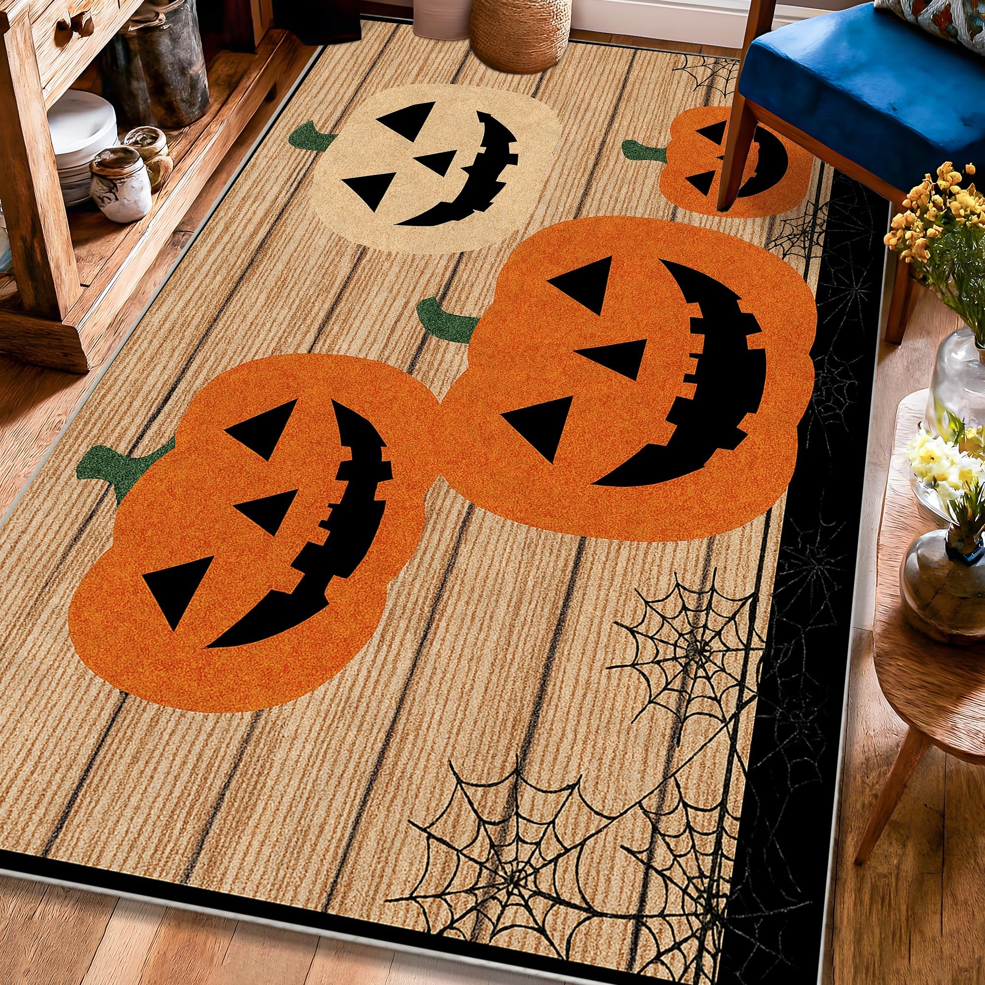 Tappeto a forma di zucca, per Halloween, in legno, motivo ragnatela di ragnatela di Halloween, arancione, con retro antiscivolo, rettangolare, per soggiorno, camera da letto, decorazione per la casa