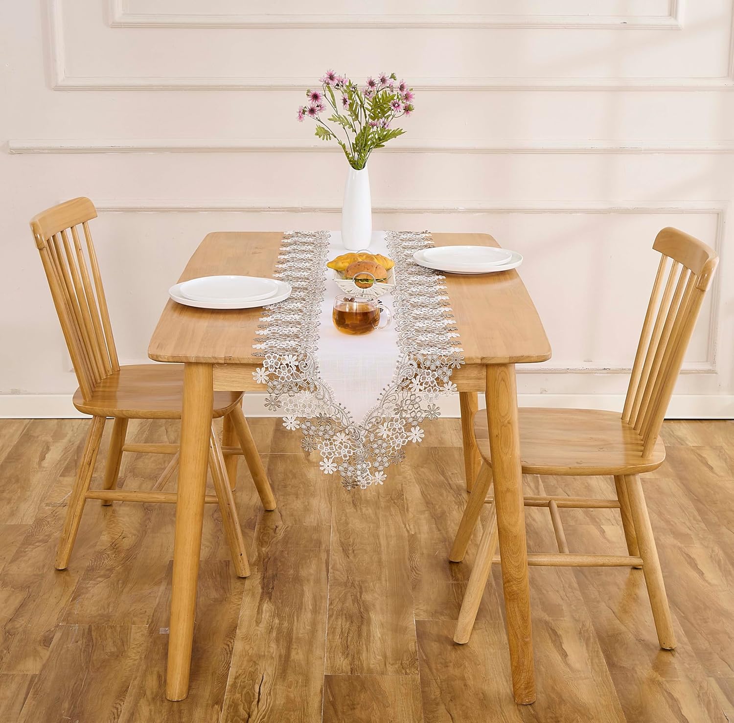 White Beige Floral Lace Table Runner Dresser Scarf 120 inches Long for Kitchen Dining Coffee Table Parties Wedding Home Decor (White, 16” x 120”)