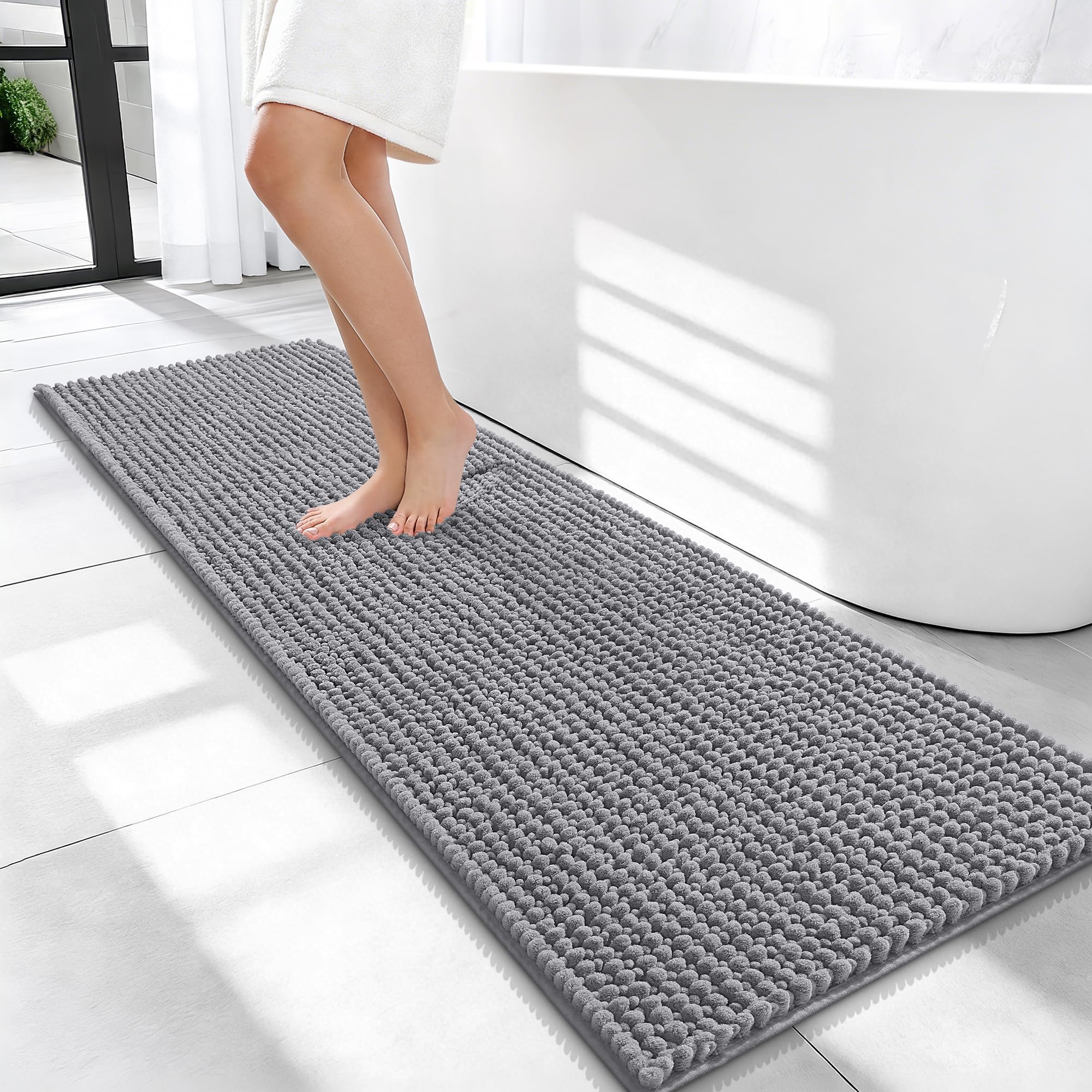 OLANLY Thick Chenille Bathroom Runner Rugs 47x17, Absorbent Bath Mat, Grey