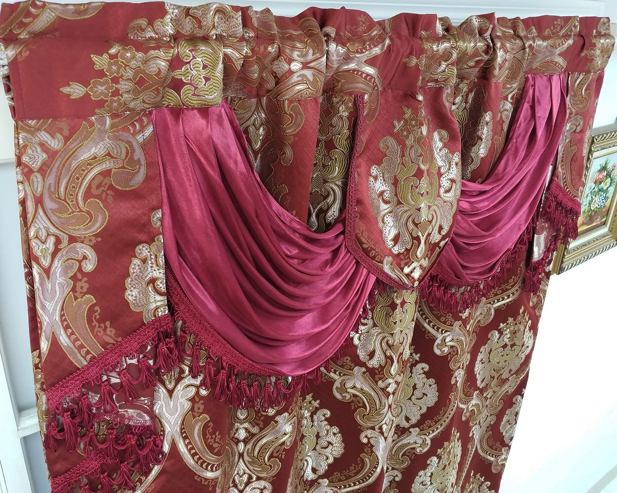 GOHD Luxe Love. Cortina Jacquard para Ventana con Cenefa de Lujo adjunta, Juego de 2 Piezas (Vino, 137 cm de Ancho x 244 cm de caída con Cenefa de 45 cm x 2 Piezas)