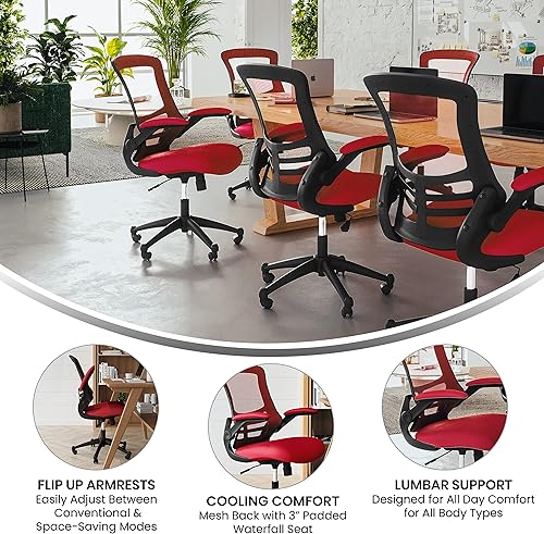 Miniatura 4 de Flash Furniture Kelista Silla de oficina ergonómica giratoria de malla roja con respaldo medio, brazos abatibles Malla roja,Piel negra