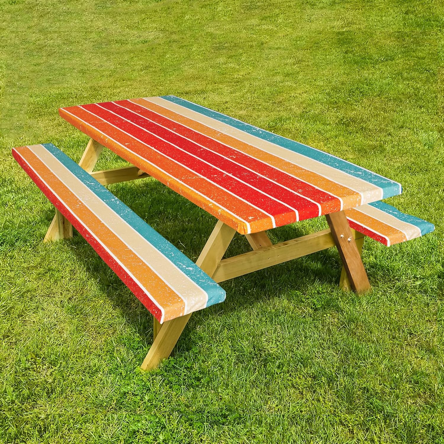 Picnic Table Cover with Bench Covers 72in Camping Essentials Reusable Waterproof Windproof Camping Tablecloth Fitted Rectangle Tables and Seats, Orange Blue Rainbow - Image 6