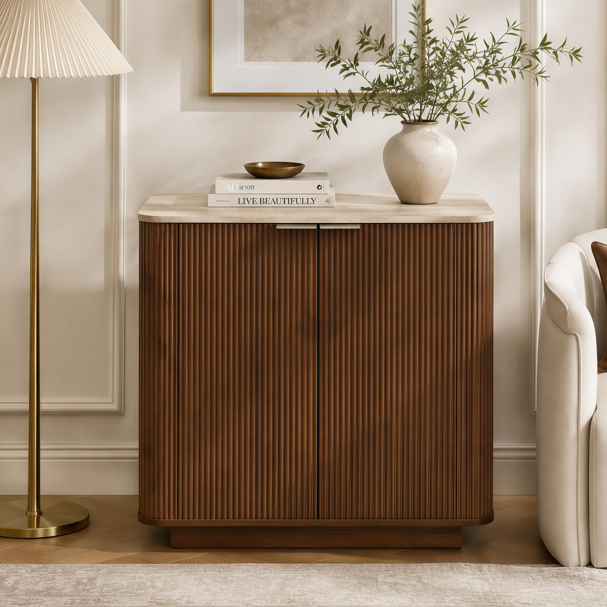 Merax Fluted Sideboard, 2 Door Storage Cabinet, Walnut, Travertine,80cm
