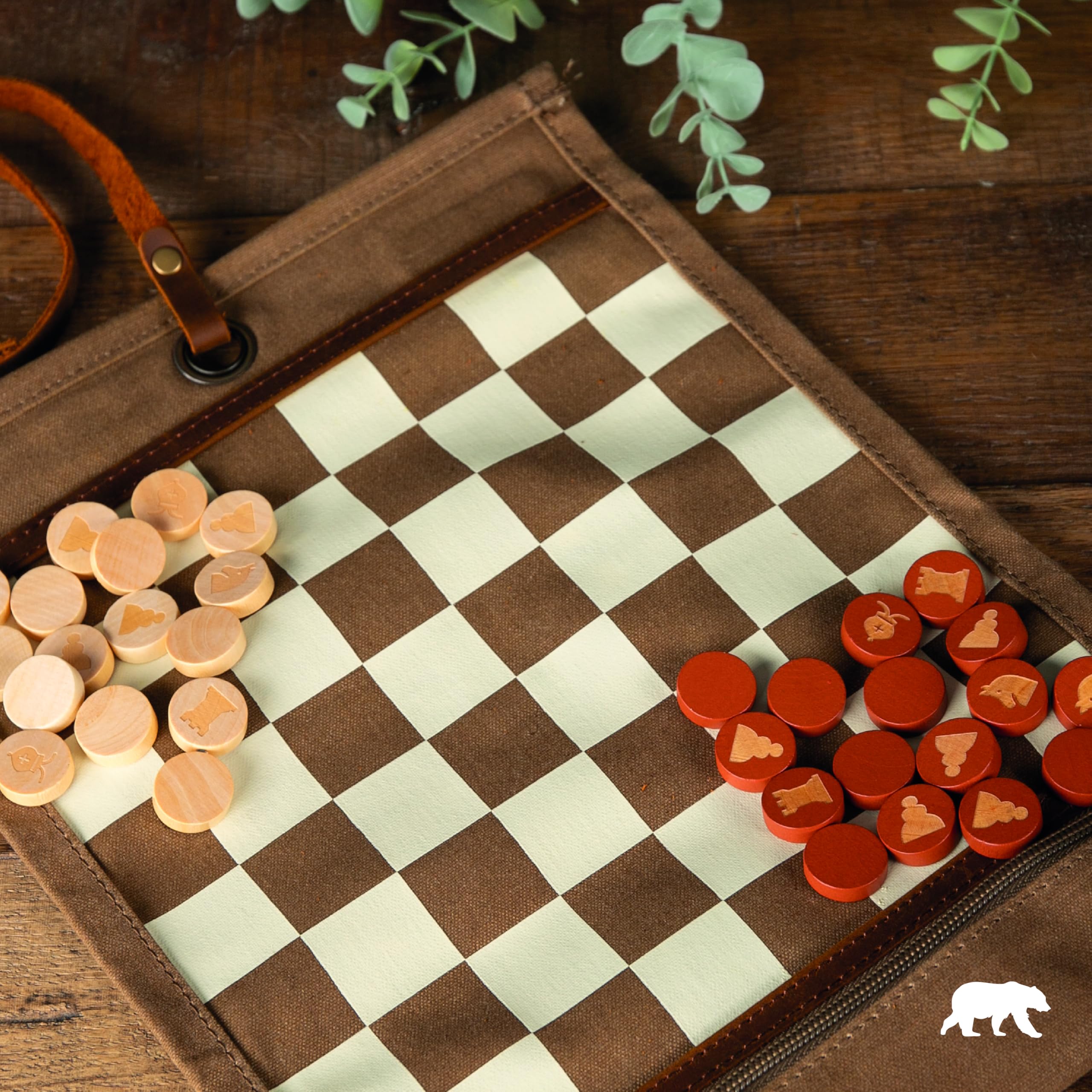 Alaskan MAKER - Juego de ajedrez y señoras 2 en 1 - Alfombra de lona enrollable enrollable - Peones de madera - Correa de piel completa flor - Ideal para viajar y jugar en cualquier lugar (habana)