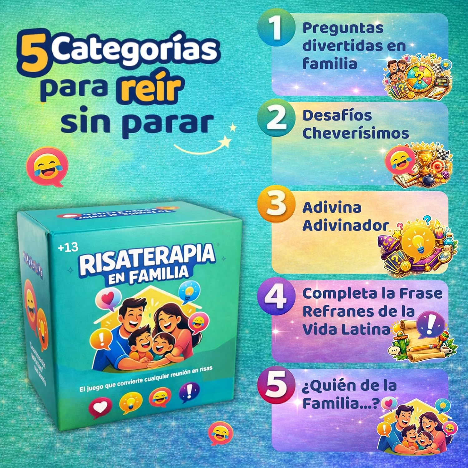 Risaterapia en Familia - Juego de Mesa Familiar en Español, 200 Cartas, 5 Categorías para Reír y Conectar. Spanish Games for Family 13+. Perfecto Como juegos familiares Divertidos.