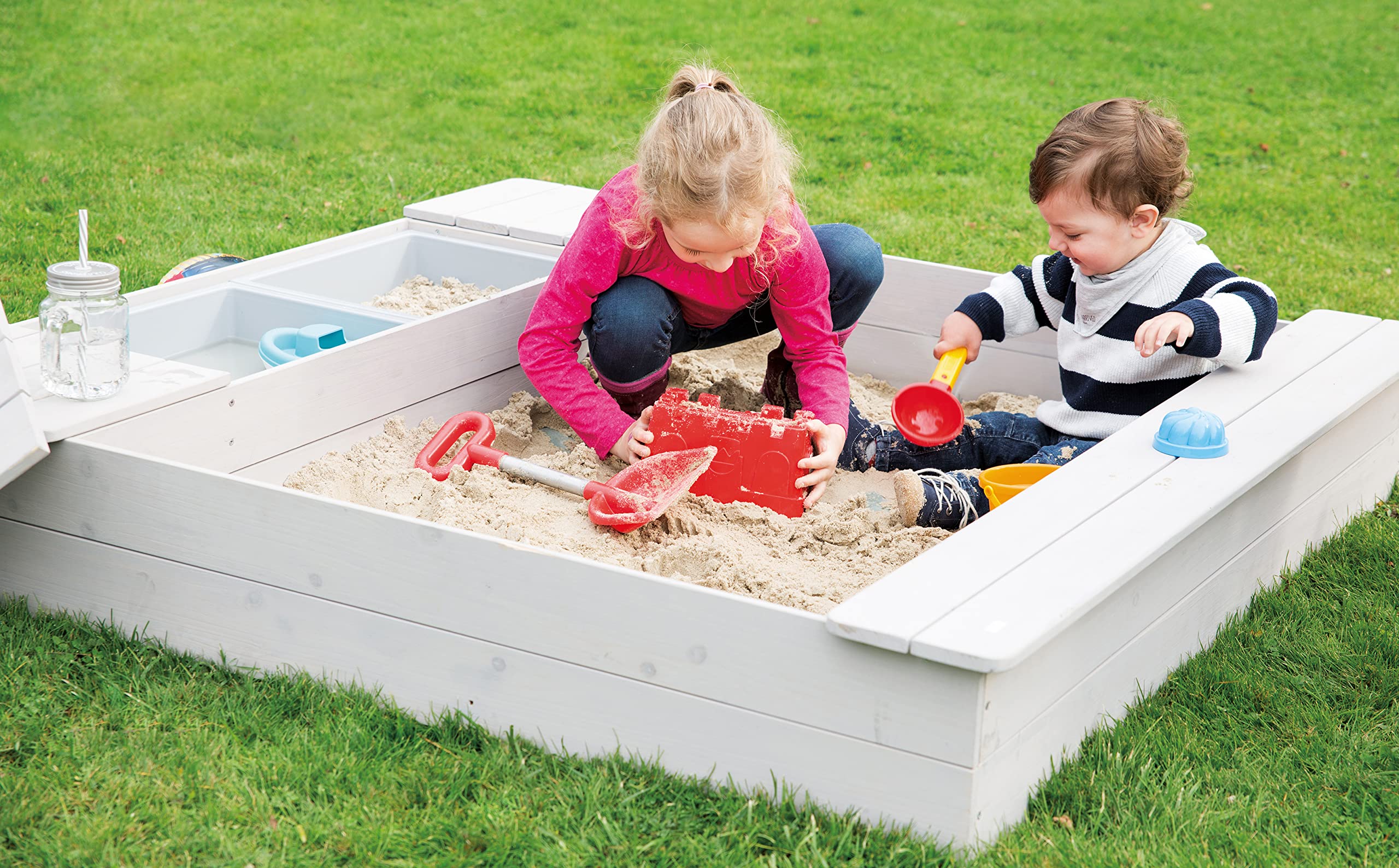 roba Sandkasten Outdoor + Spielwannen - Sandkiste aus wetterfestem Holz - 2 Spielwannen aus Kunststoff & 4 abnehmbare Sitzplatten - Massivholz grau lasiert – Bild 4