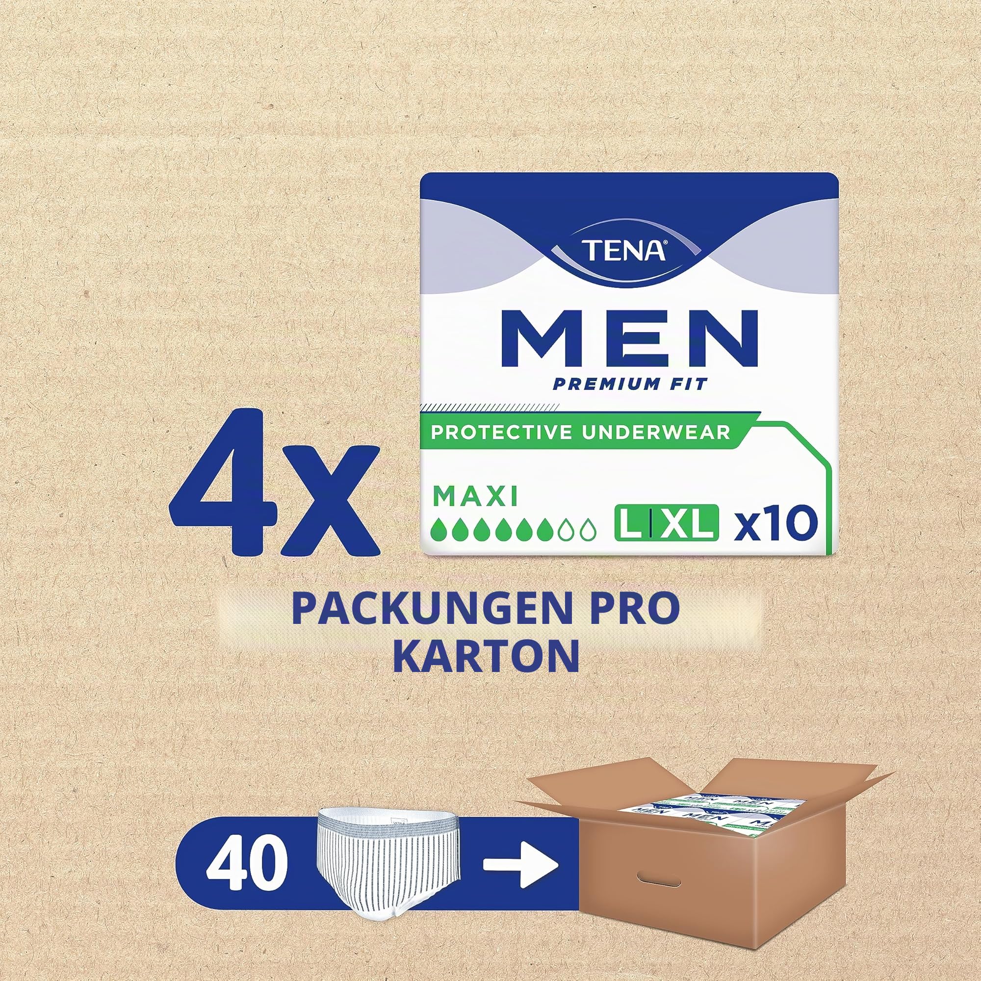 TENA MEN Active fit Pants Plus - 40 Stück im Monatspaket (4 x10) - Einweghosen für Männer - bei mittlerem bis starem Urinverlust - Größe L