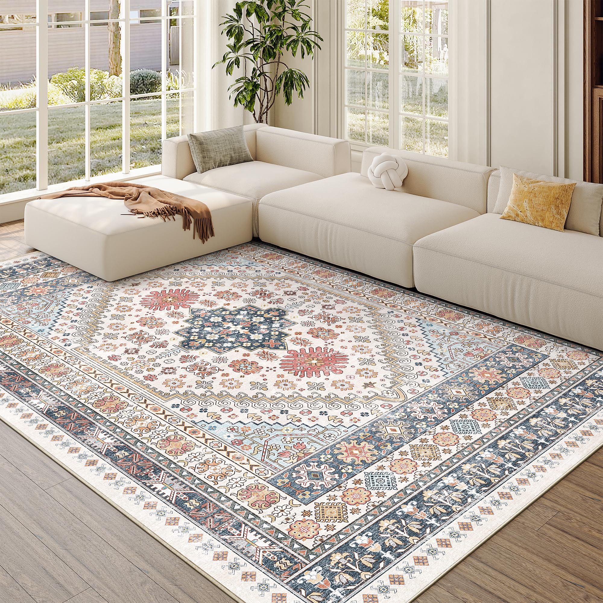 zesthome 5x7 Area Rugs - Ultra-Thin Washble Rug, Stain Resistant Anti Slip Backing Rugs for Living Room,Bedroom, Vintage Home Decor Area Rug (Multi,5'x7') — image 1