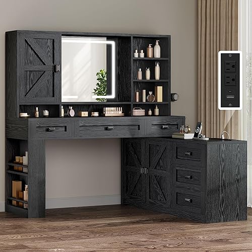 YITAHOME 48'' Farmhouse Makeup Vanity Desk with Mirror and Lights, 68'' 360° Rotation Big Modern Lighted Vanity Table with 6 Drawers & Lots Shelves, Rustic Large Dressing Table, Antique Black