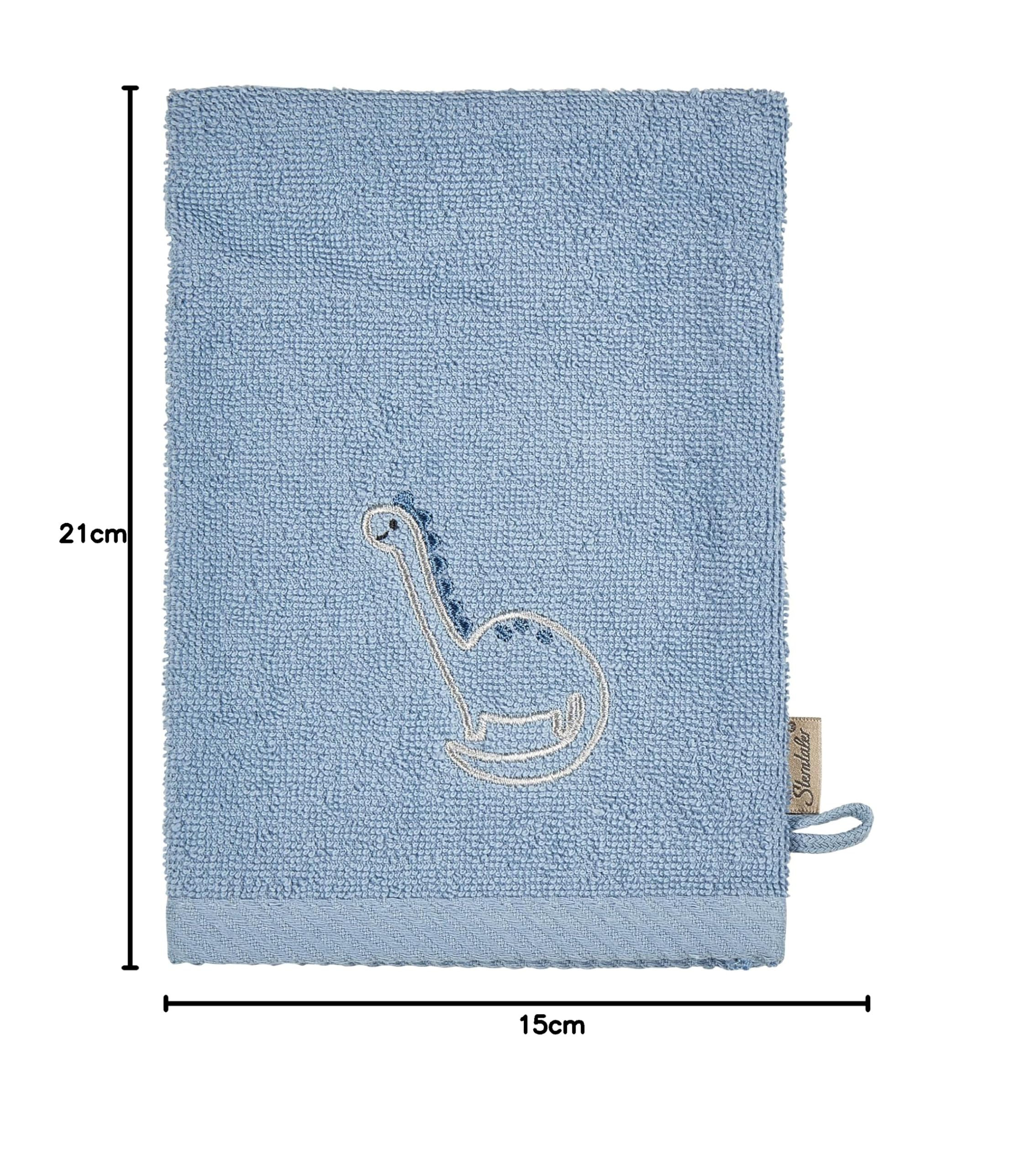 Sterntaler Dino Rexi Lot de 2 gants de toilette en tissu éponge pour bébé en coton absorbant et doux pour le bain et la douche Bleu