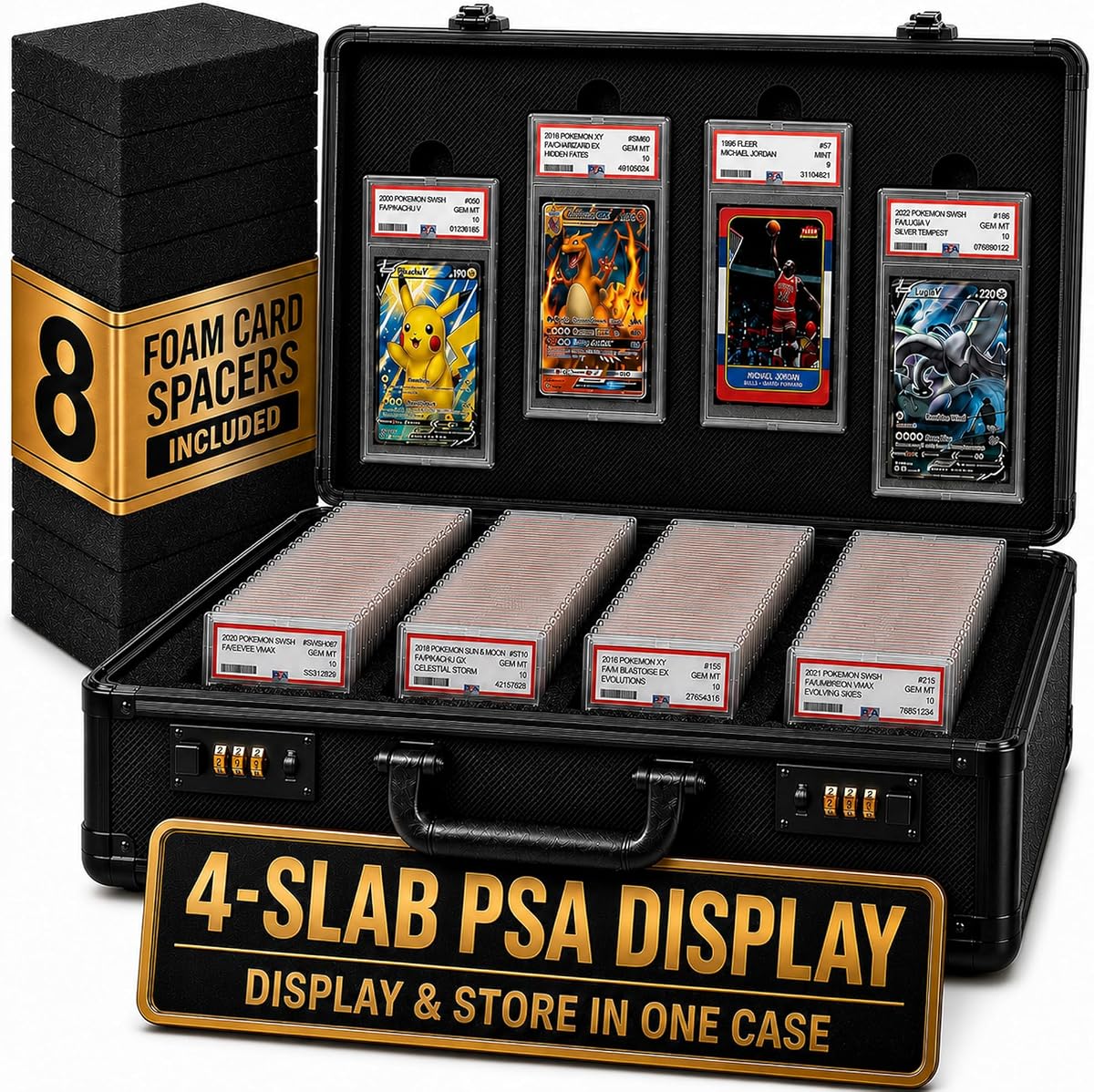 Caja de almacenamiento de tarjetas graduadas - Estuche para tarjetas con cerradura - Estuche para tarjetas comerciales de 4 filas con 8 inserciones de espuma - Estuche para tarjetas deportivas compatible con losas PSA, BGS, SGC, CGC - Capacidad para más de 640 cargadores superiores