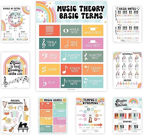 Hadley Designs 9 pósteres de aula de música  Decoración de aula de música retro, impresiones de coro y solfeo, decoraciones de tablón de anuncios,