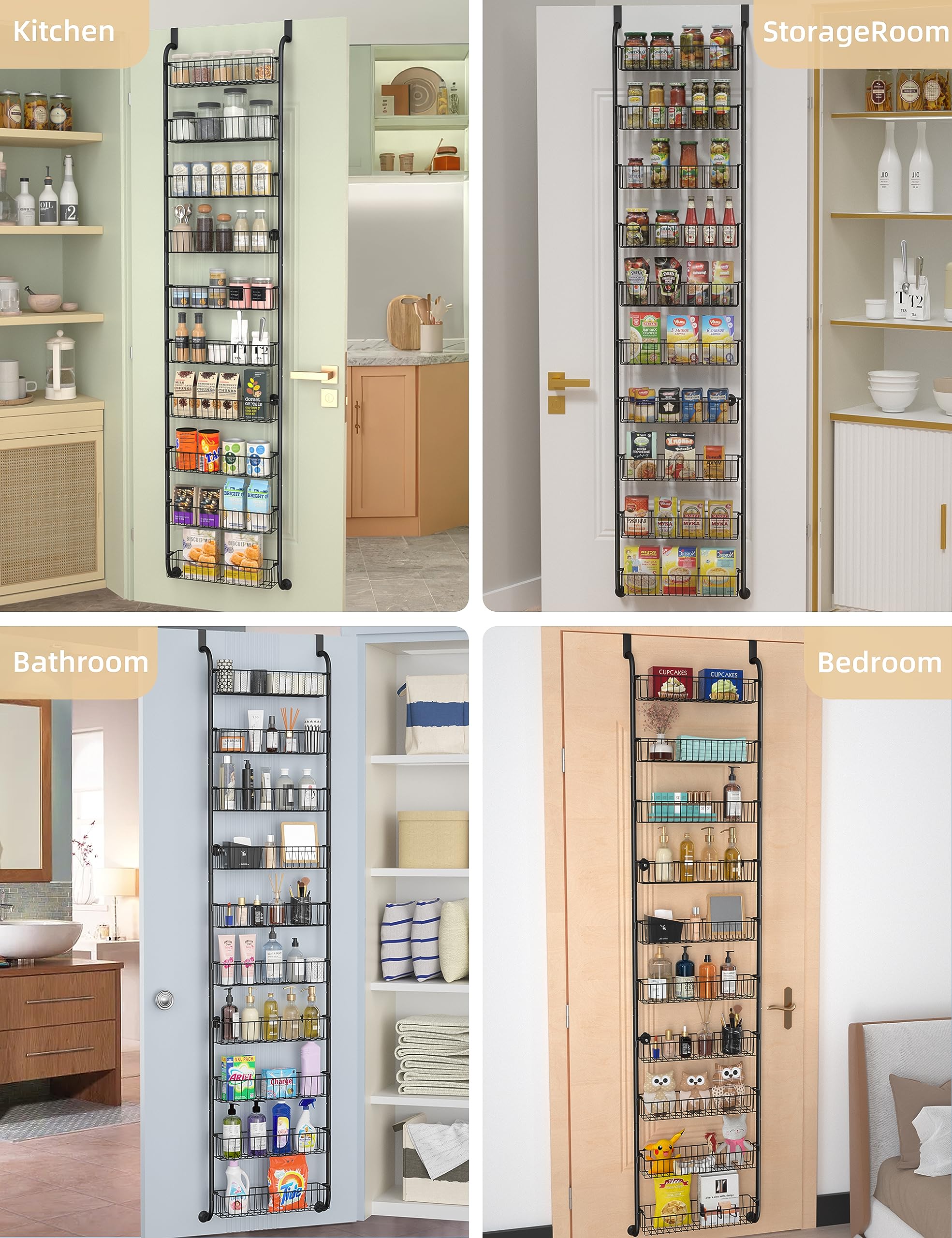 Egepon 10-Tier Over the Door Pantry Organizer, Over the Door Organizer and Storage with 10 Full Baskets, Hanging Storage Door Organization Kitchen Spice Rack, Bathroom Over Door Organizer (Black)