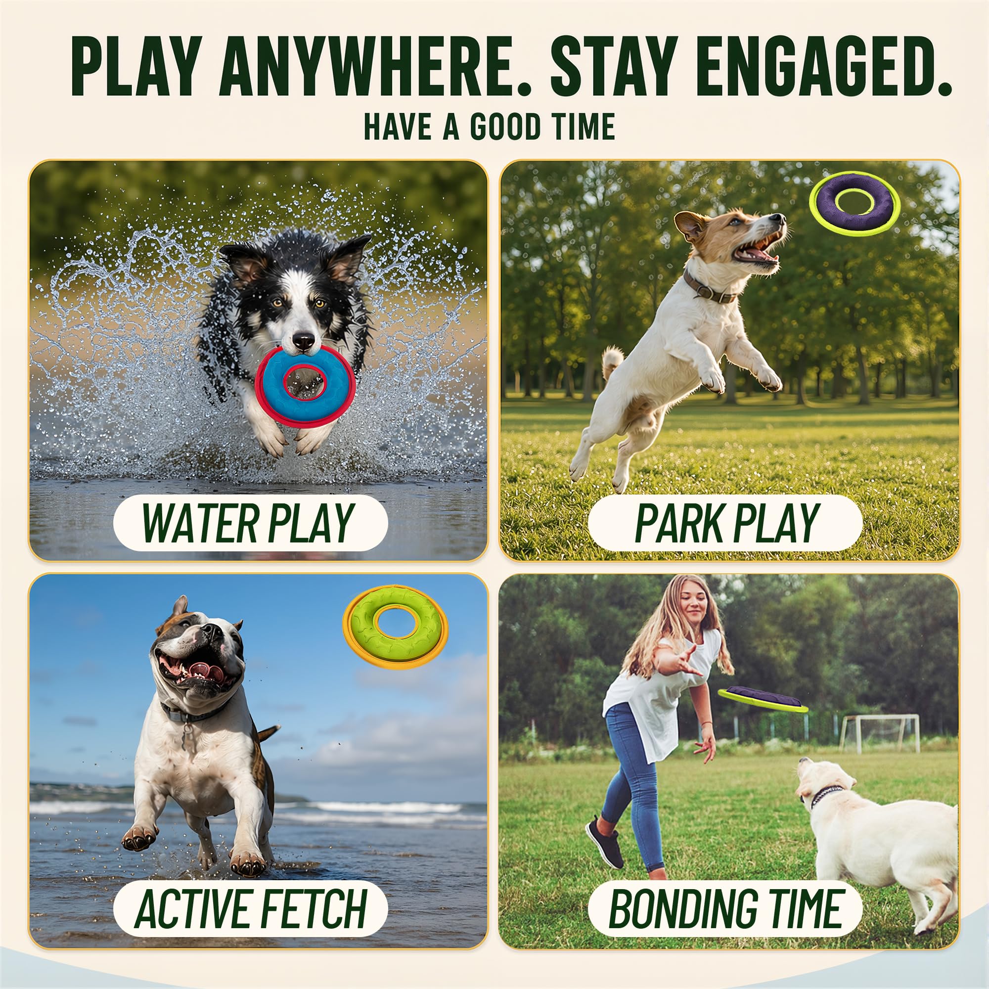 Lot de 3 disques volants pour chien, jouets interactifs pour chien, jouets à attraper et à rapporter pour chiens de petite, moyenne et grande taille, flottent dans l'eau et sans danger pour