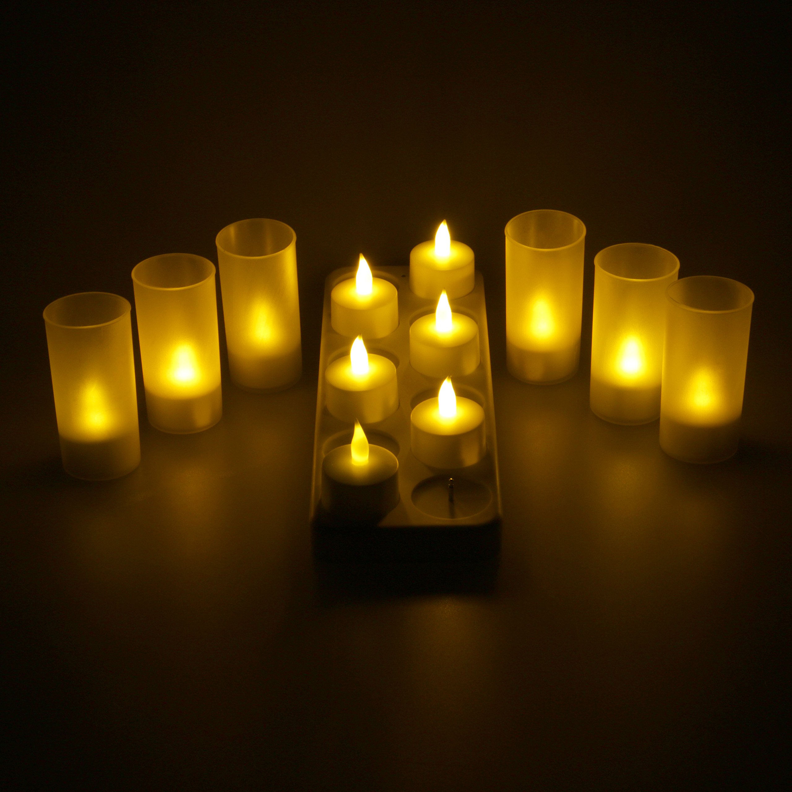 12er Set Deko Kerzen Led Teelichter gelb flackernd mit Windglas kabellos Akku aufladbar mit Ladestation Stimmungslicht