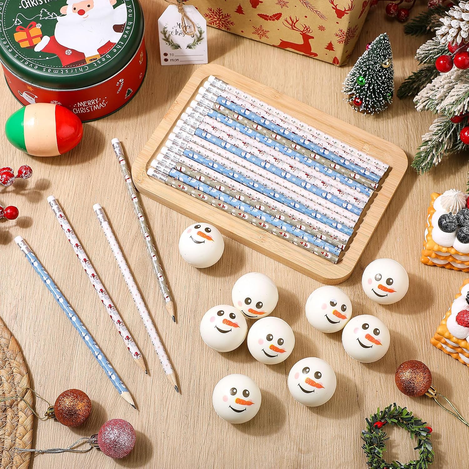 Zhanmai 150 Pcs Winter Snowman Pencils Gifts 100 Winter Pencils with 50 Snowman Foam Stress Ball Party Favor for Students Holiday Valentine School Stocking Stuffers Bag Filler