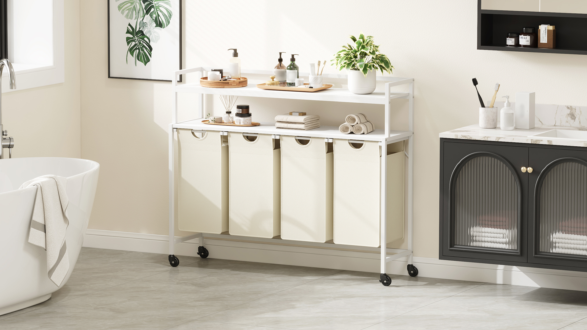 Lifewit Wasmand Met Planken 4 Secties, 168L Uittrekbare Wasmand met Wielen, Organizer met 4 Uitneembare Waszakken, Wassorteerder voor Waskamer, Rustiek Bruin en Zwart