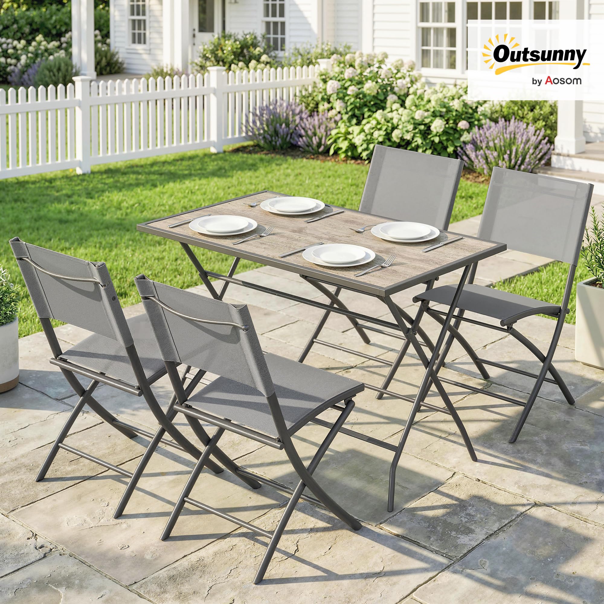 Outsunny Conjunto de Mesa y Sillas Jardín de 5 Piezas, Muebles de Jardín Exterior con 4 Sillas Plegables y Mesa Plegable, para Terraza, Patio, Gris