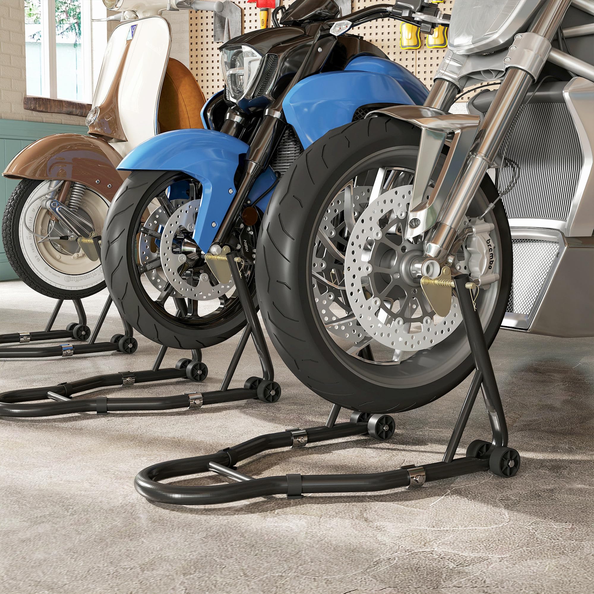 HOMCOM Caballete de Moto, Carga 390 kg, Soporte Delantero y Trasero Universal, Elevador de Moto de Acero con Horquillas Ajustables en U+L, Ruedas y Clips de Sujeción, Negro