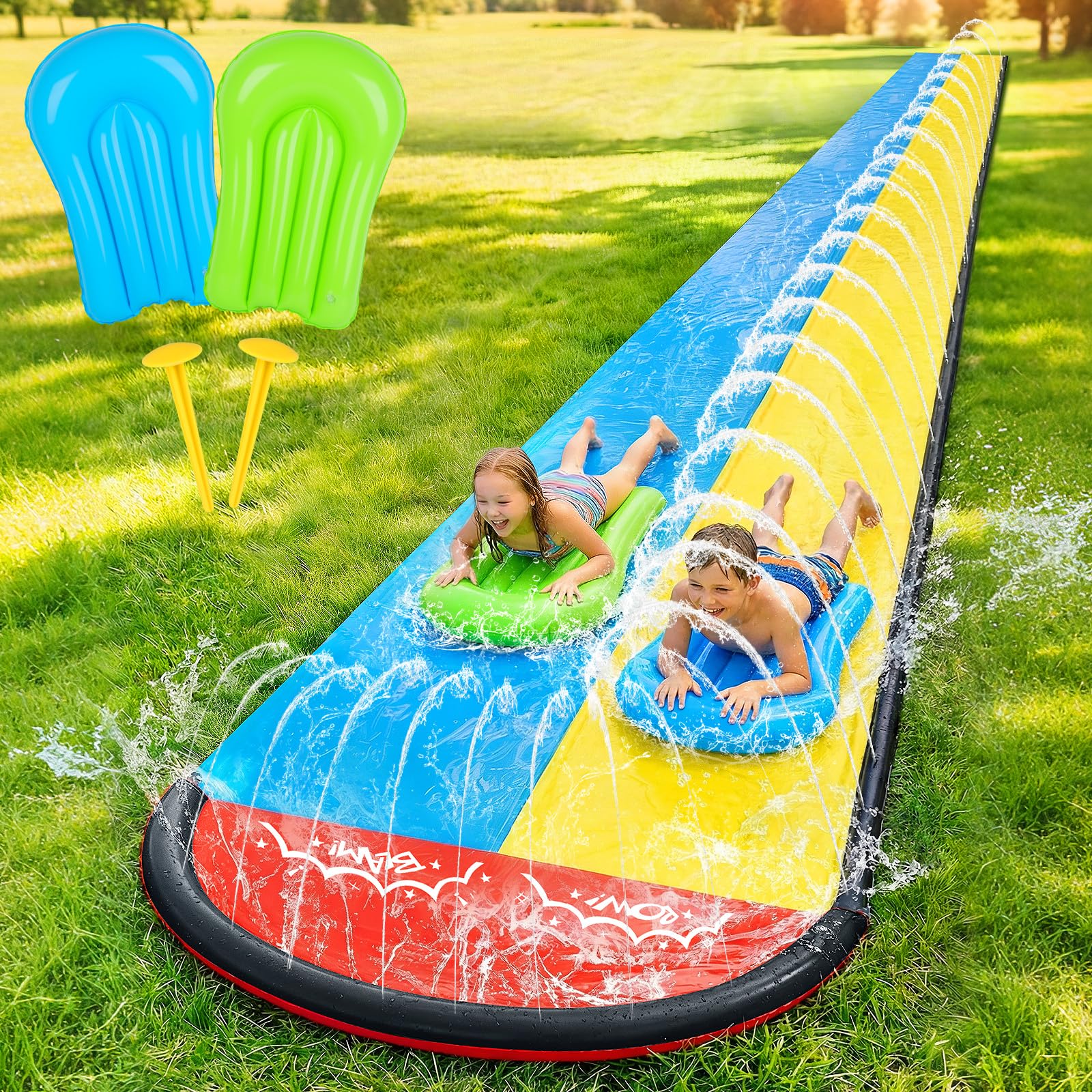 Mineup Wasserrutsche Garten 480 x 140cm Doppelrutsche mit Sprinkler Bodyboards