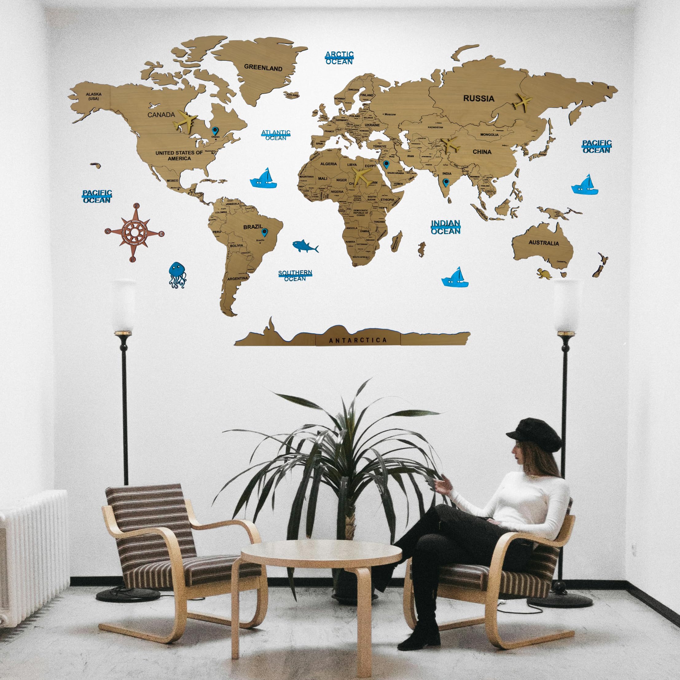 Elk 3D Wooden World Map Wall Decor with Country Names Capitals Premium Multilayer Laser Cut Wall Art Easy DIY Installation Travel Theme Home Decor for Living Room Office Size L 156x89 CM 4