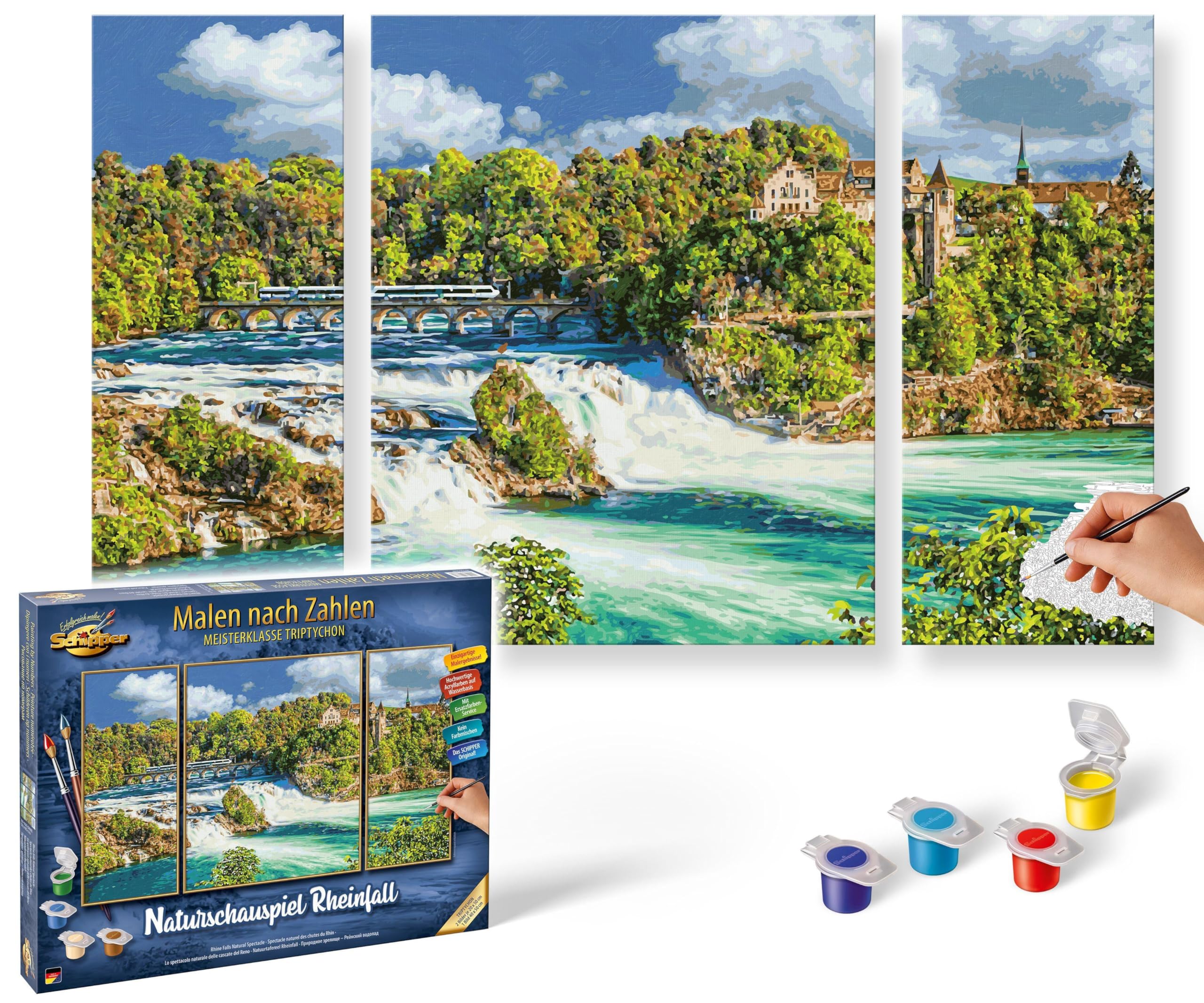 Schipper 609260888 Dipingere con i Numeri, Spettacolo Naturale Rheinfall, Pittura per Adulti, Inclusi pennelli e Colori acrilici, trittico, 50 x 80 cm