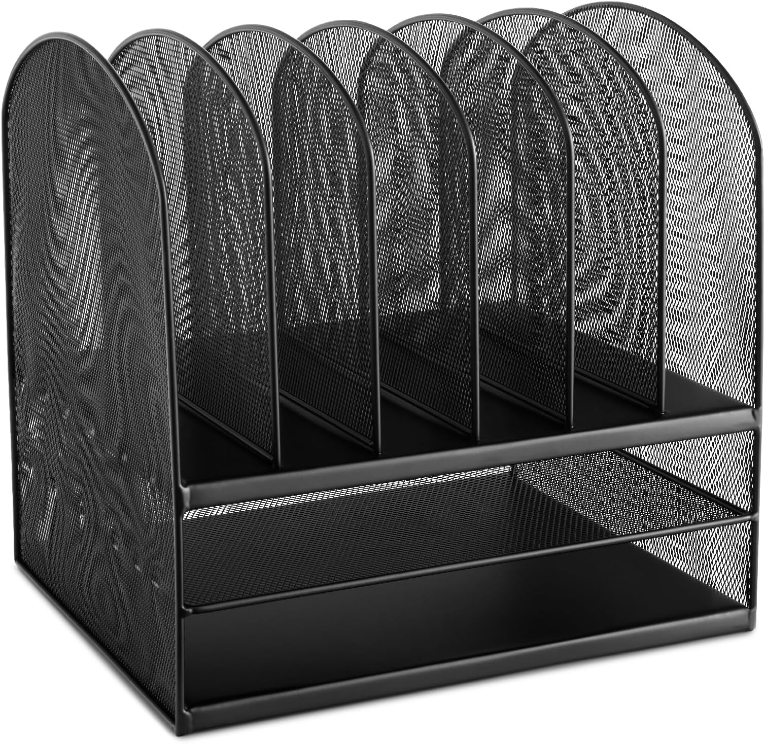 Onyx Desk Organizer, 6 Vertical Compartments and 2 Trays, Office and Classroom Mailbox , Paper and Mail Sorter, Steel Mesh, Black