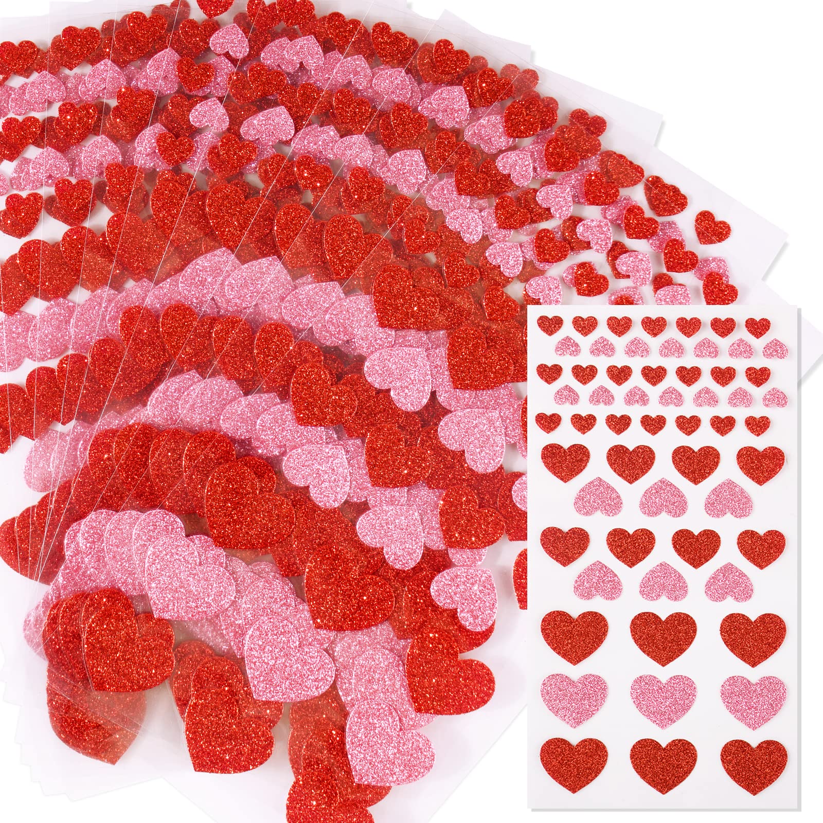 BOFUNX 580pcs Pegatinas en Forma de Corazón 10 Hojas Corazones Rojos con Purpurina de San Valentín