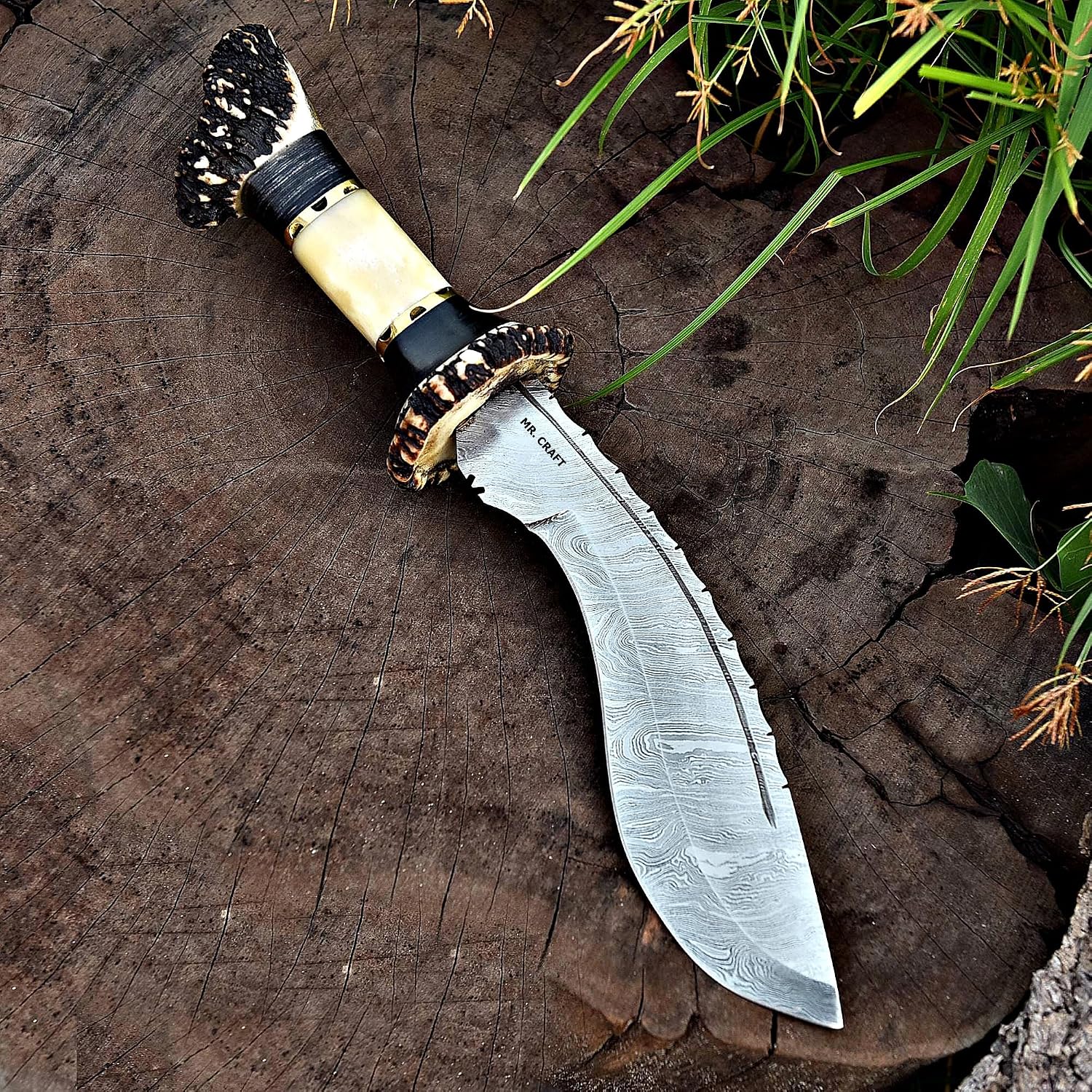 Traditional Kukri Fixed Blade Damascus Hunting Knife, 16 Inch Curved Blade, Bone Handle with Leather Sheath Bushcraft Survival Camping Knife Best Gift for Him (Natural Bone With double Antler)