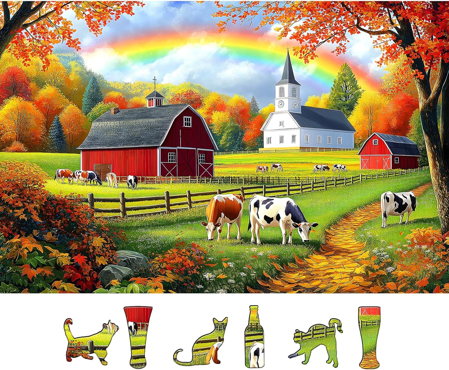 MINIWAN 500 Piece Jigsaw Puzzle for Adults - Autumn Farm Cow Puzzle with Red Barn & Rainbow - 23" x 15" Puzzle with Reference Poster & Lettered Back
