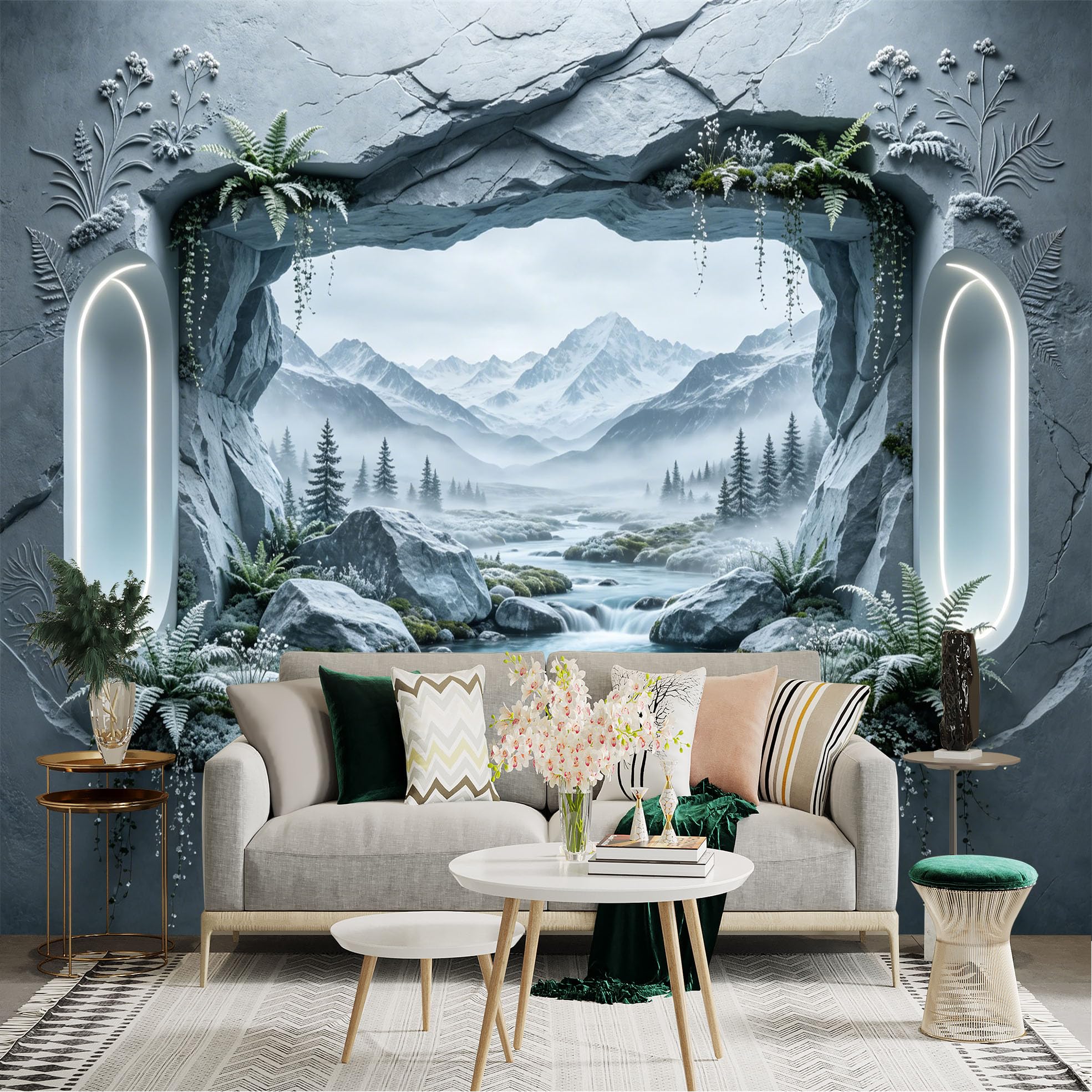 Custom Size Wall Sticker Mural， Misty Mountain Valley with River， Rocks and Ferns， for wall Decoration， peelandstick wall Decals.