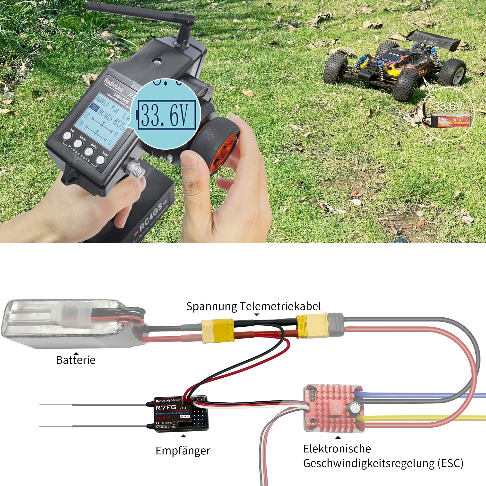 Radiolink RC6GS-V3 7 Kanäle RC Fernsteuerung mit Empfänger R7FG Set Gyro-integriert 2.4 GHz RC Fernbedienung Sender für Modellbau Auto Crawler Truck Boot (Nur Englisches Menü) | 7 Kanäle 2,4 GHz | Spannungstelemetrie