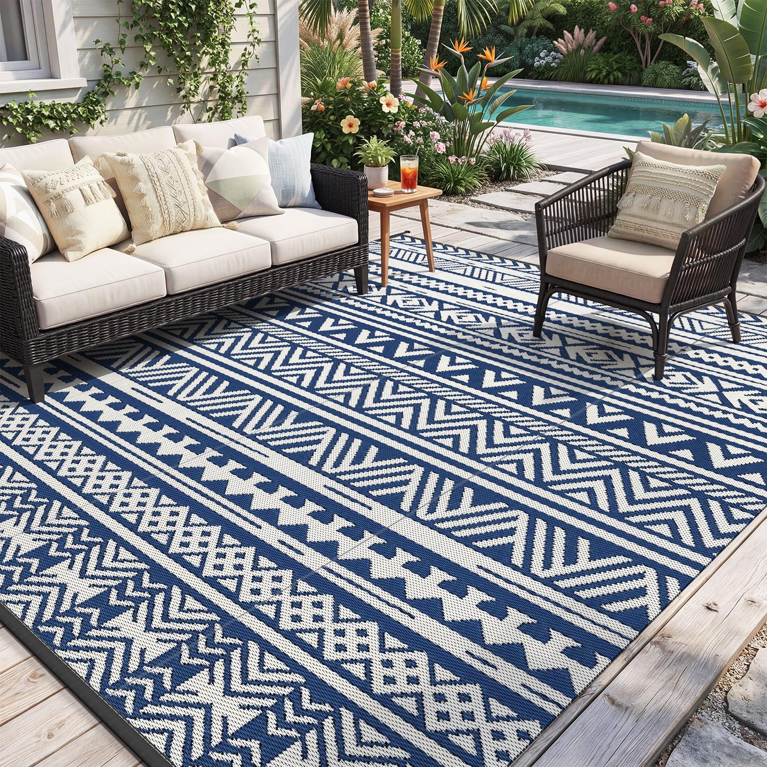 MontVoo Outdoor Rug Carpet Waterproof 6x9 Outdoor Patio Rug Mat Reverisble Plastic Straw Outdoor Rug for RV Camping Picnic Beach Balcony Boho Navy Blue