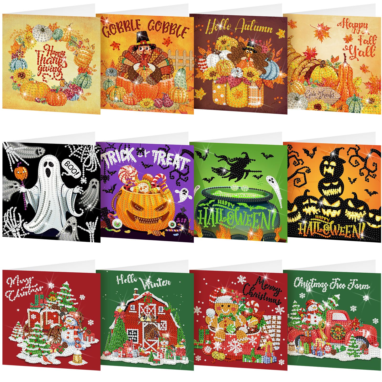 Saillong 12 Pack Fall Diamond Painting Greeting Cards Kits DIY Holiday Diamond Art Cards with Envelopes Halloween Christmas 5D Rhinestones Painting Making Kit for Adult DIY Crafts Party Favors Gifts