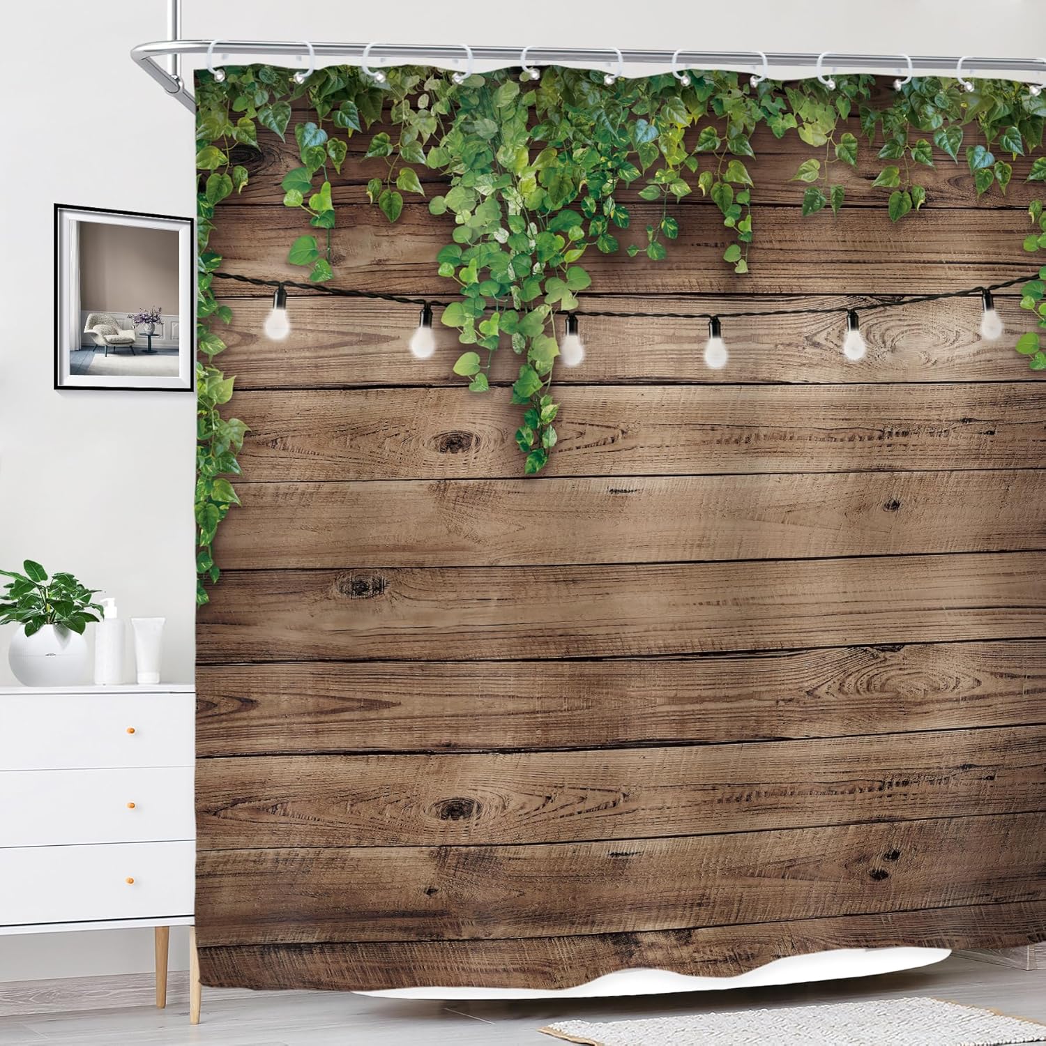 Riyidecor Extra Wide Wooden Clawfoot Tub Fabric Shower Curtain 108Wx72H Inch Rustic Wood Green Leaves 18 Pack Metal Hooks Western Farmhouse Brown Wall Board Bathroom Home Decor Waterproof Polyester