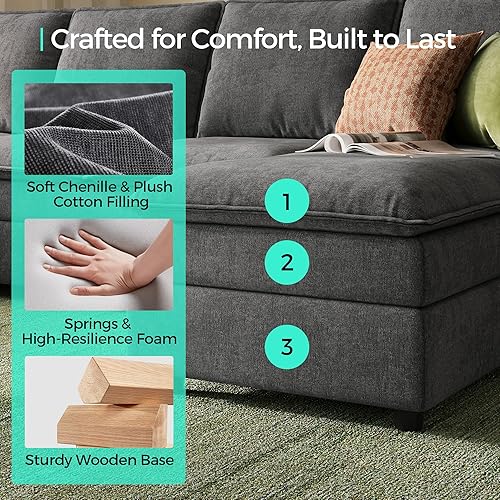 Miniatura 3 de LINSY HOME Sofá modular Cloud de 113 pulgadas, sofá modular en forma de L con cojines de doble capa y otomano, juego de sofá de felpilla de 4 plazas