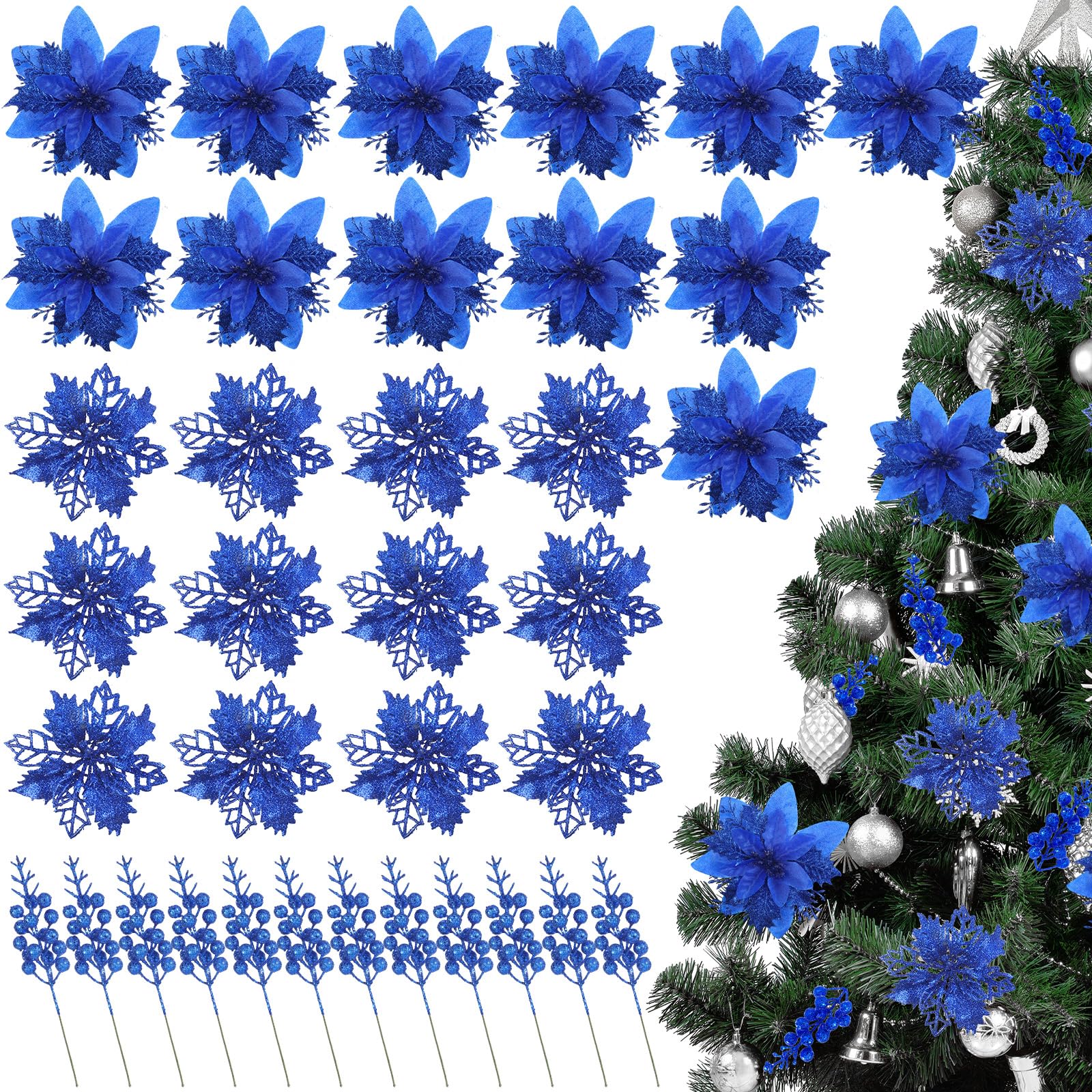 Poinsettia artificielle de Noël bleue pour décoration de table de mariage et sapin