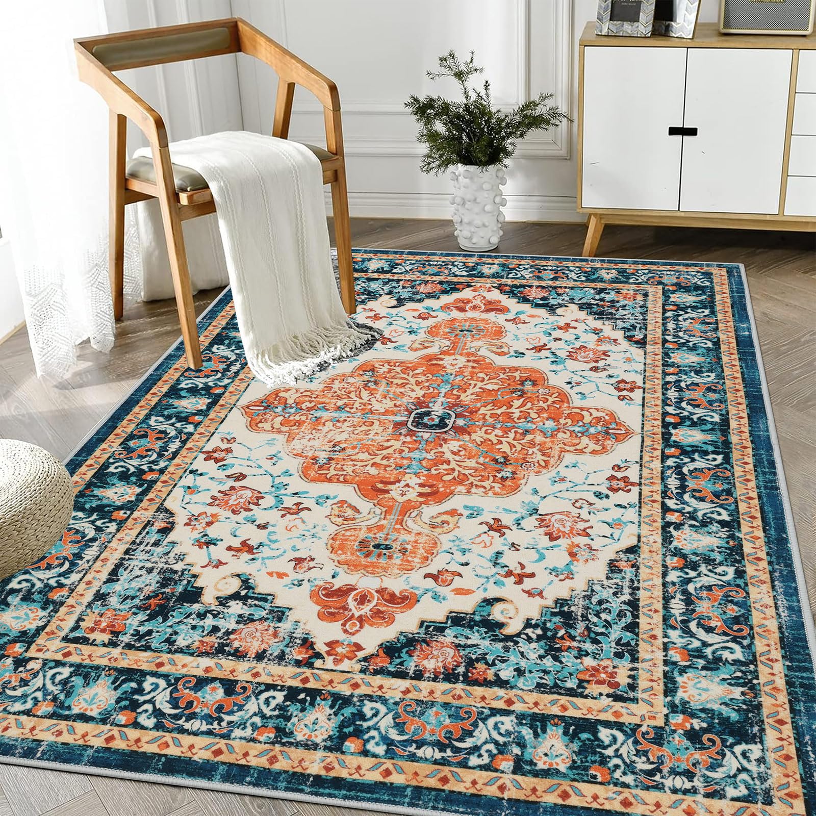 Tapis pour salon et chambre bohème vintage bleu foncé idéal pour l'entrée