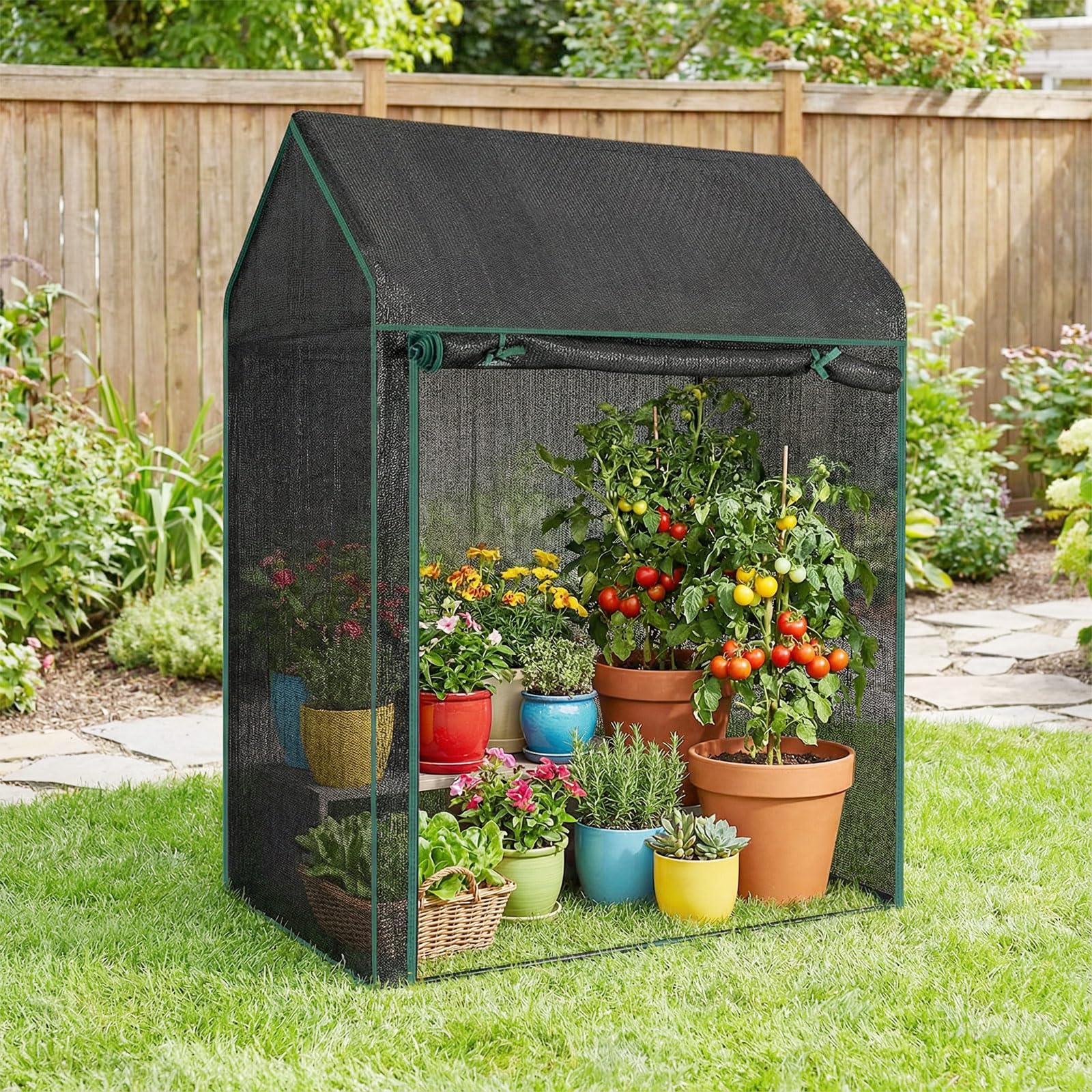 COSTWAY Tomatengewächshaus klein 129 x 80 x 173 cm, Tragbarer Foliengewächshaus mit schwarzem Sonnenschutznetz, PVC-Folie, Tür, Fenster & Erdnägel, Gewächshaus für Garten & Balkon