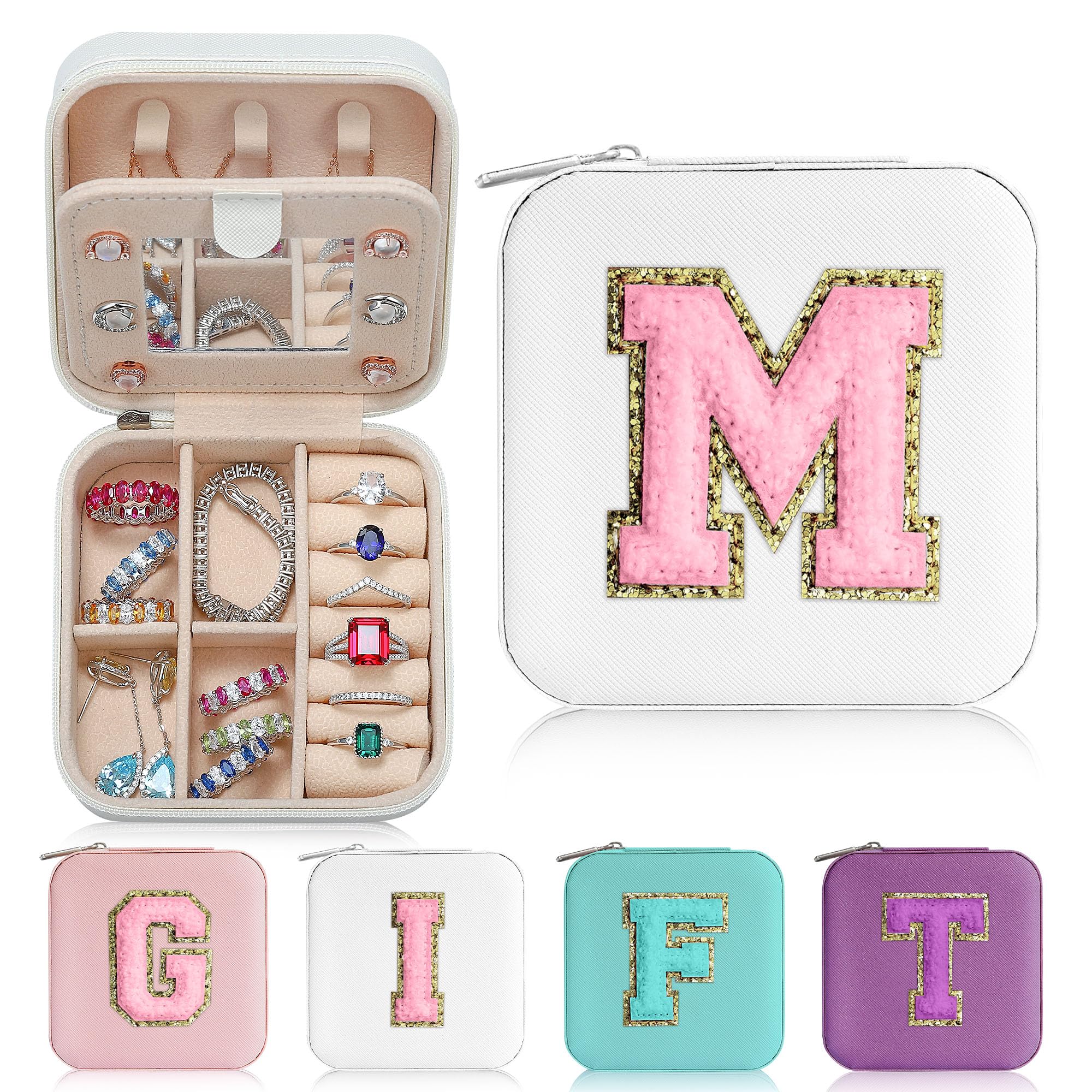 Parima Travel Jewelry Case - Ring, Necklace, Earring Organizer Box With Initial M in White