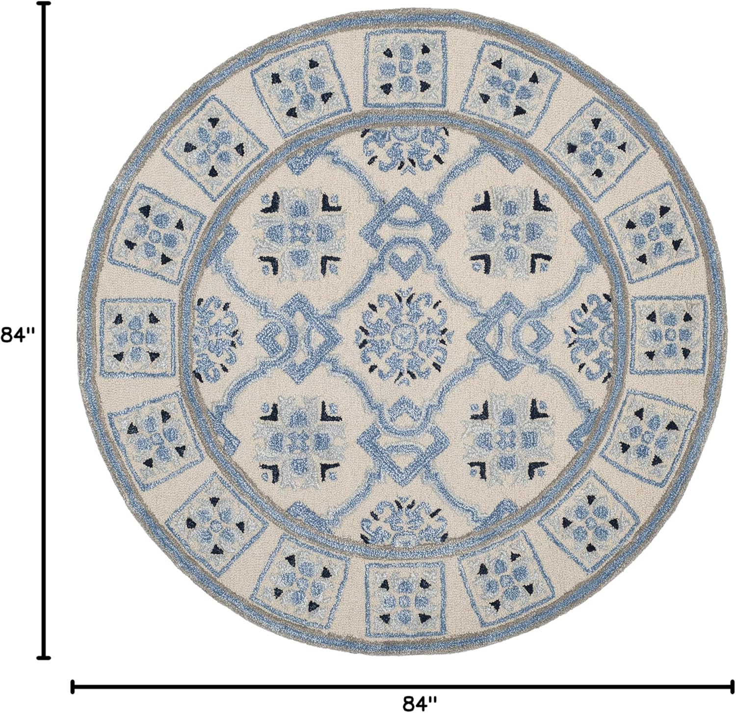 SAFAVIEH Bella Collection Area Rug - 7' Round, Ivory & Blue, Handmade Wool & Viscose, Ideal for High Traffic Areas in Living Room, Bedroom (BEL155A)