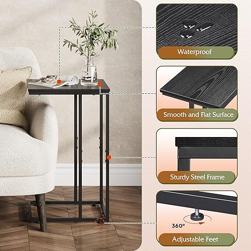 Miniatura 12 de Mesa auxiliar Wlive, mesa auxiliar móvil con marco de metal, para láptop o el café, mesa con forma de C con estante de malla y espacio de Alivio