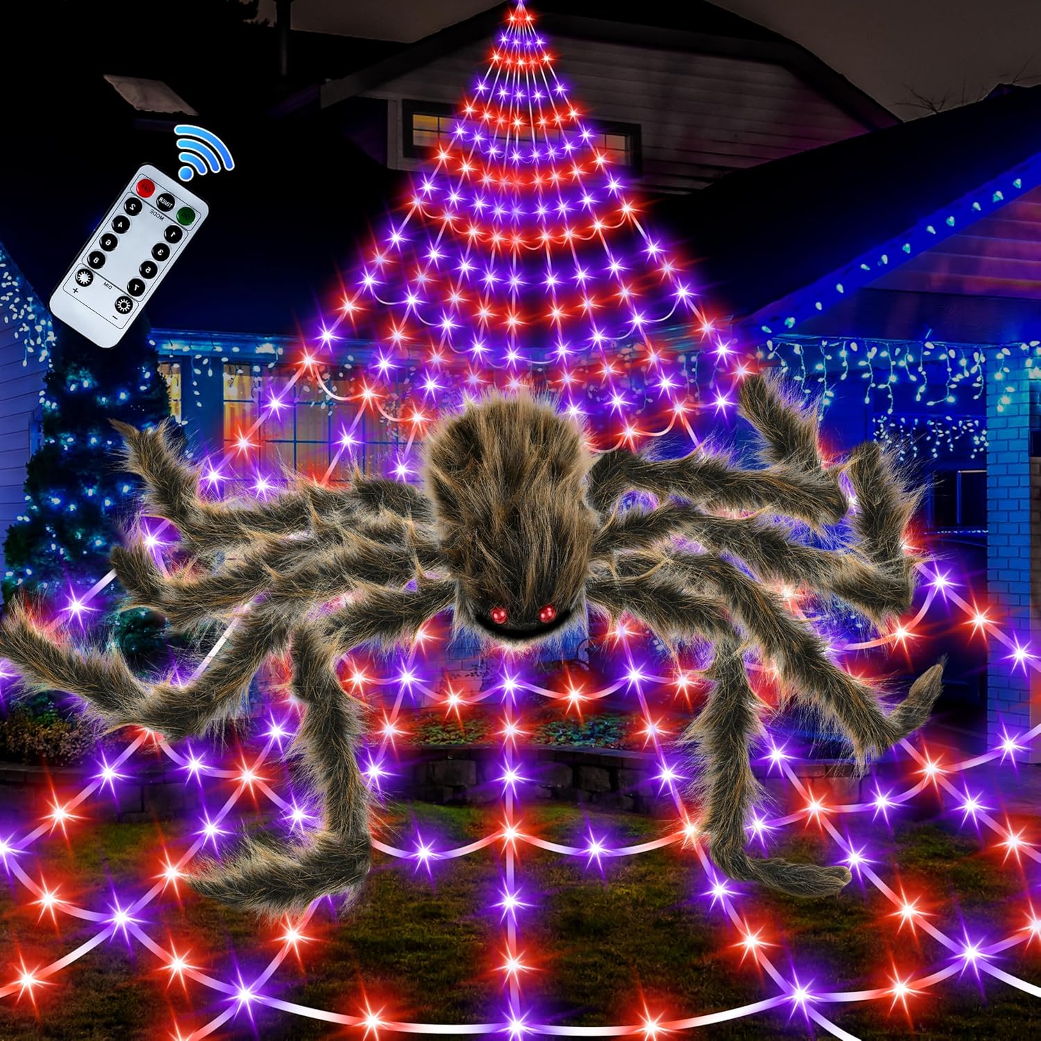 Halloween Spider Web Lights Giant Spider, 16.4Ft 450 LED Lighted Spider Web with with 8 Lighting Modes Waterproof & Timer for Indoor Outdoor House Haunted Yard Decor,Purple&Orange Purple,Orange