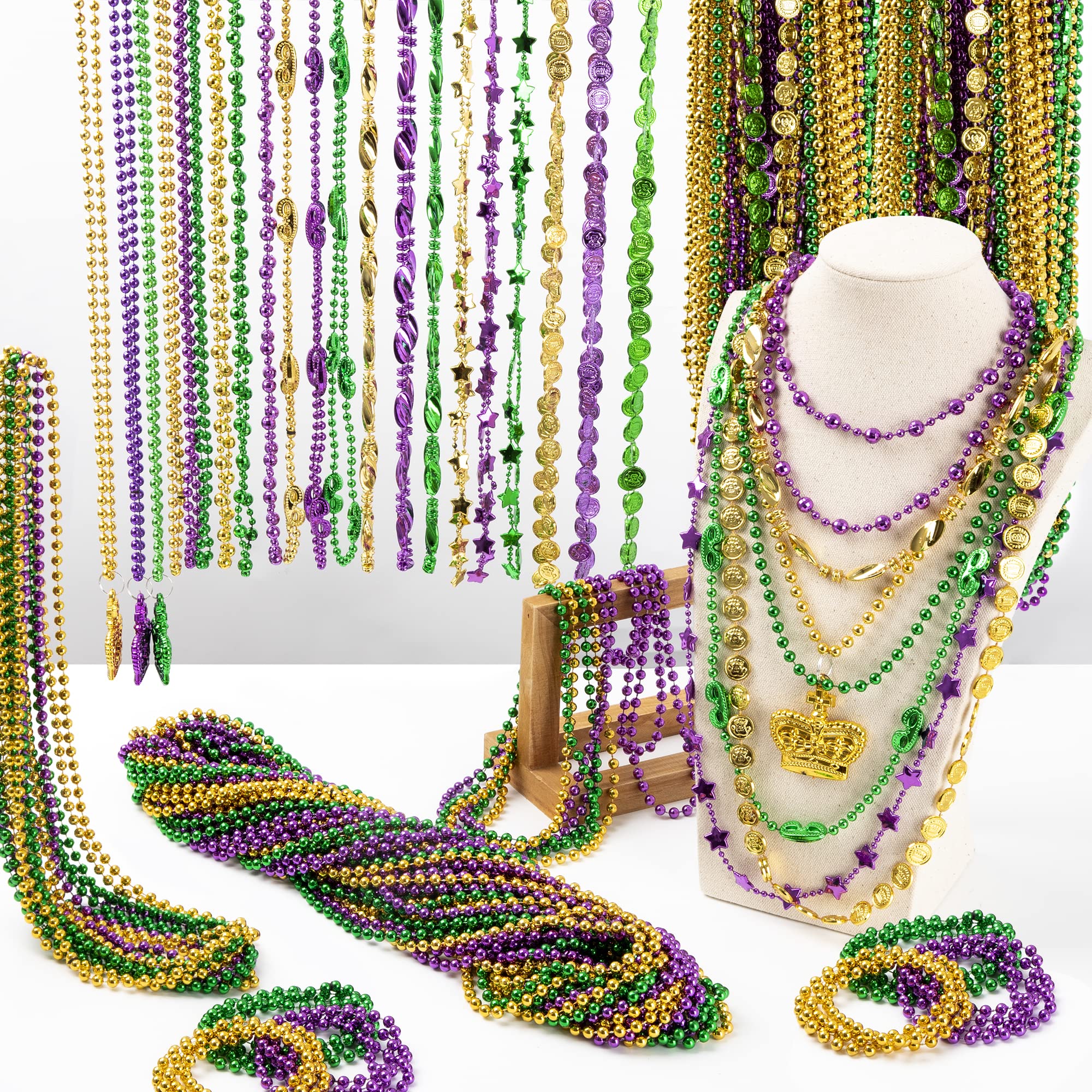 144 piezas de cuentas de Mardi Gras, cuentas metálicas de Mardi Gras, color verde, morado, dorado, accesorios a granel, collar de cuentas de Mardi Gras, disfraces, mujeres, hombres, niños, para
