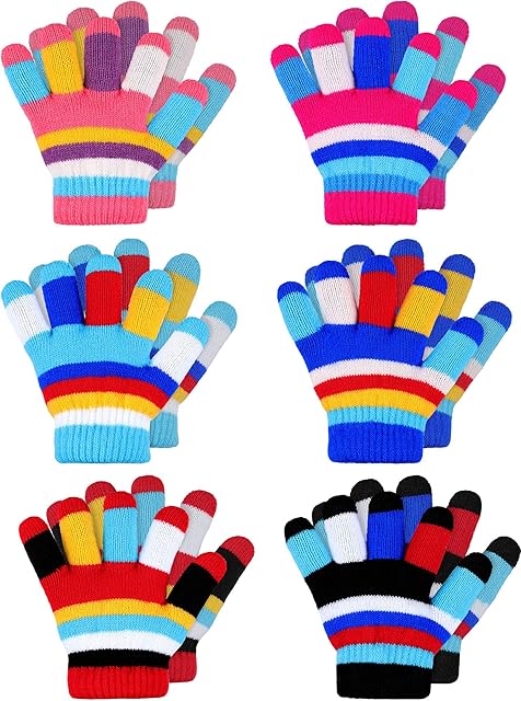 6 Pairs Kids Winter Knitted Stripe Gloves Cute Full Finger Gloves, 2-7 Years Old