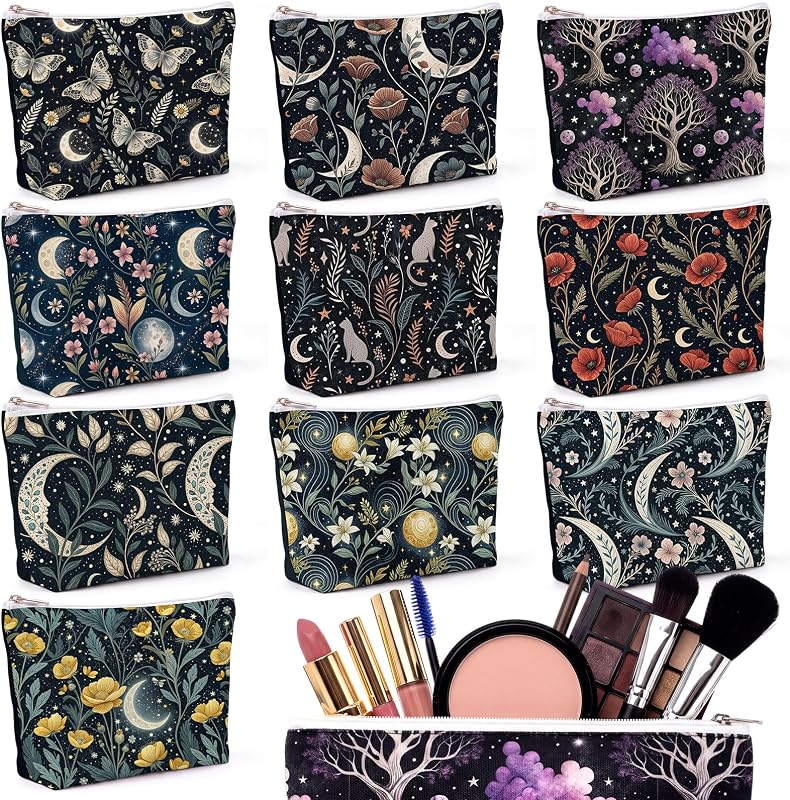 Coume Necessaires de lona com estampa floral e zíper, Pacote com 10