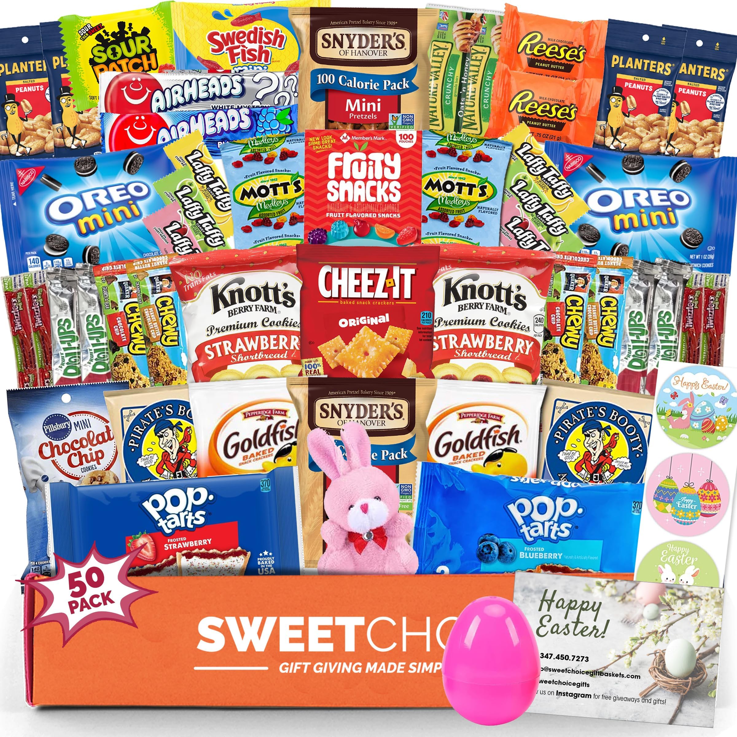 Easter Care Package (50ct) - Candy Snacks Treats Plush Bunny Cookies Gift Box Bundle Basket Fillers Stuffers Present Kids Adults Boys Girls College Student Child Grandchildren Toddlers