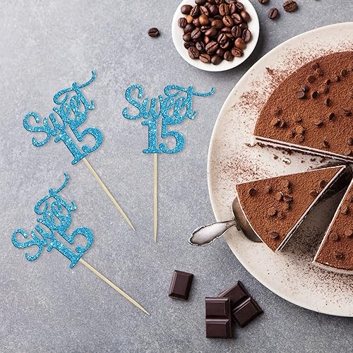 Miniatura 3 de Gyufise 24 piezas de adornos para cupcakes de 15 años con purpurina azul para magdalenas de quince cumpleaños de 15 años 15 aniversario fiesta